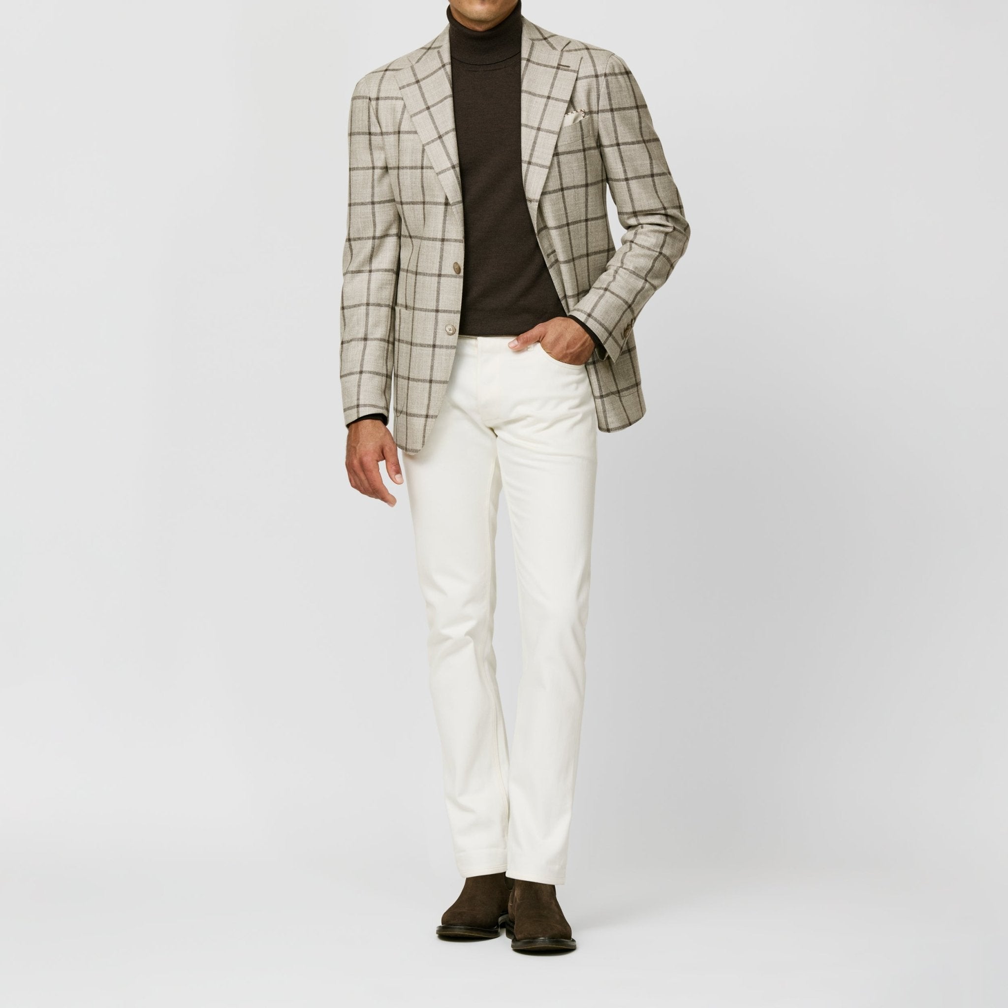 9148 bone sharkskin wool - silk - cashmere with dark brown windowpane fabric made in Italy by Loro Piana - cordes - sons.com