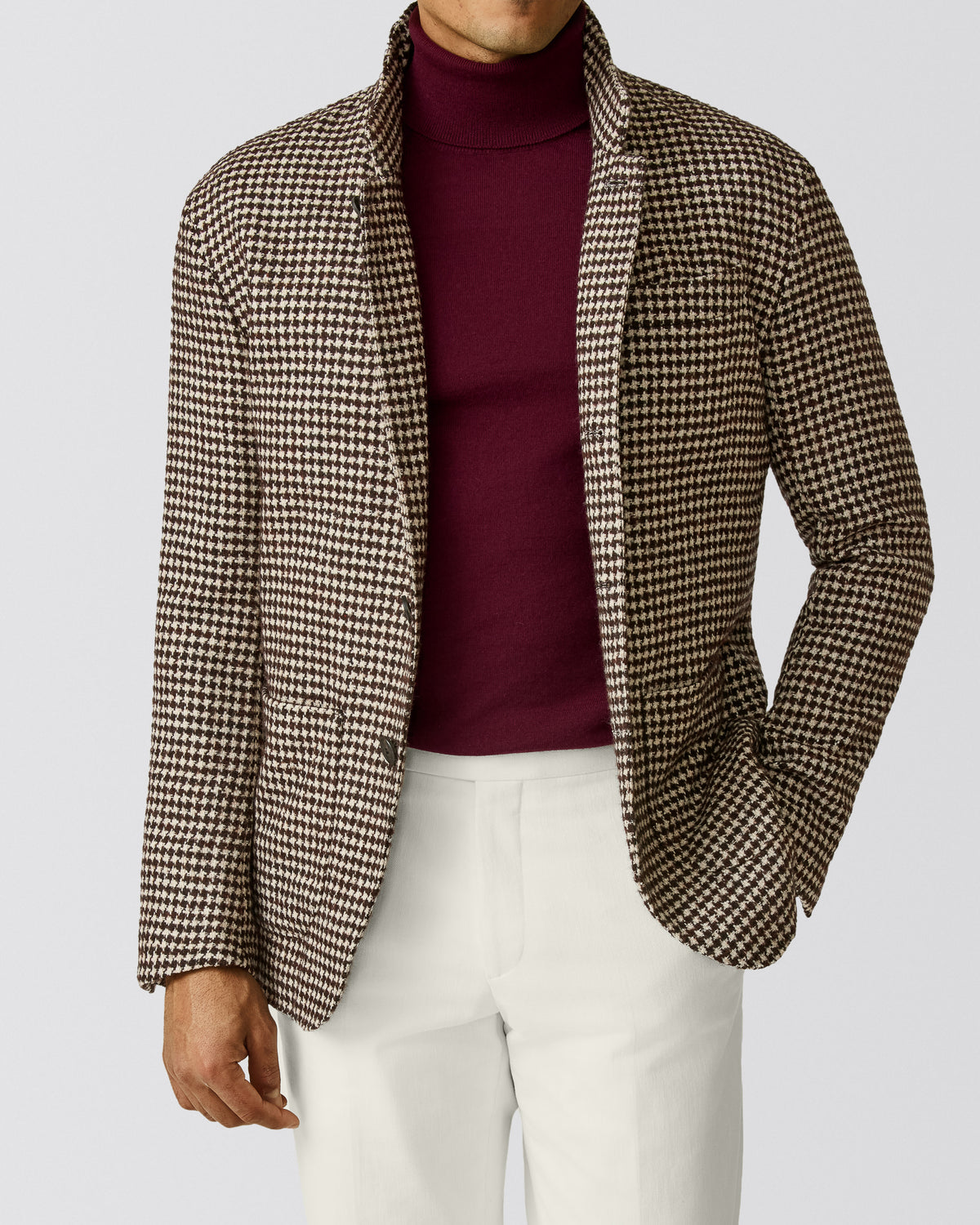 9222 maroon-ivory stretch wool-alpaca blend houndstooth jacket - cordes-sons.com
