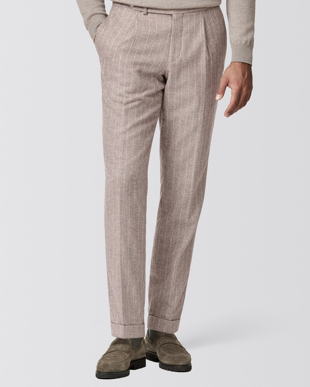 6098 pale pink stretch alpaca-wool blend with white pin stripes trousers - cordes-sons.com