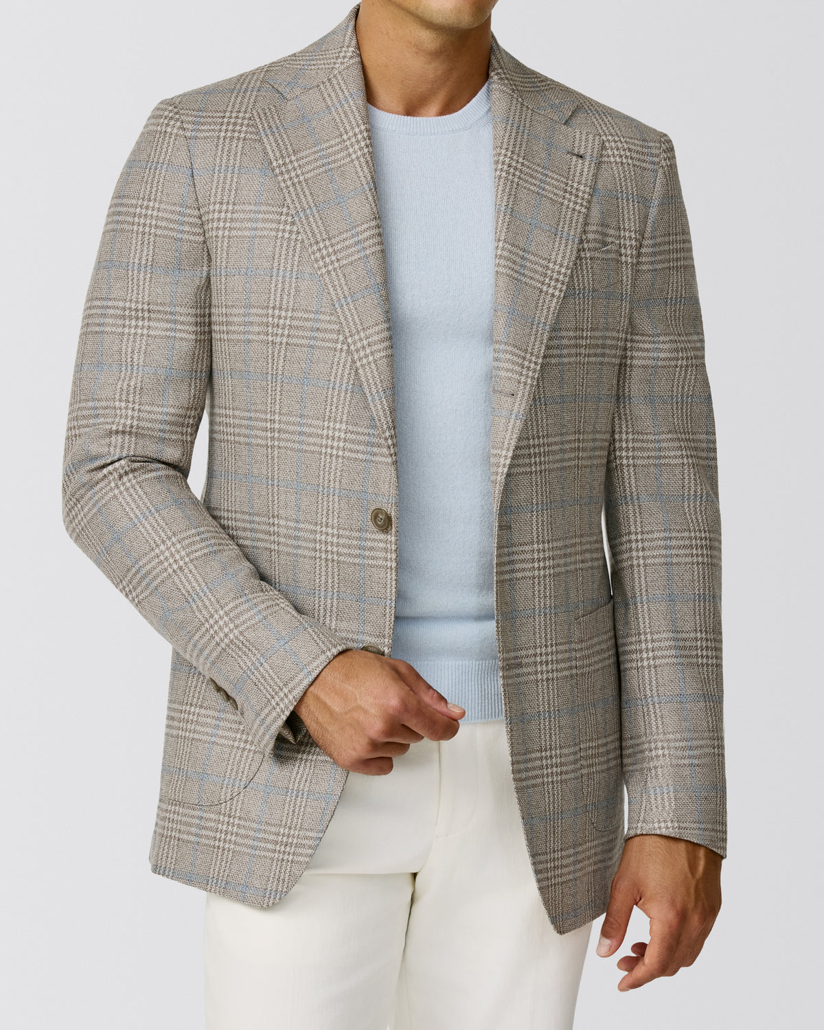 9212 ivory-light brown wool-silk glencheck with sky blue windowpane jacket - cordes-sons.com