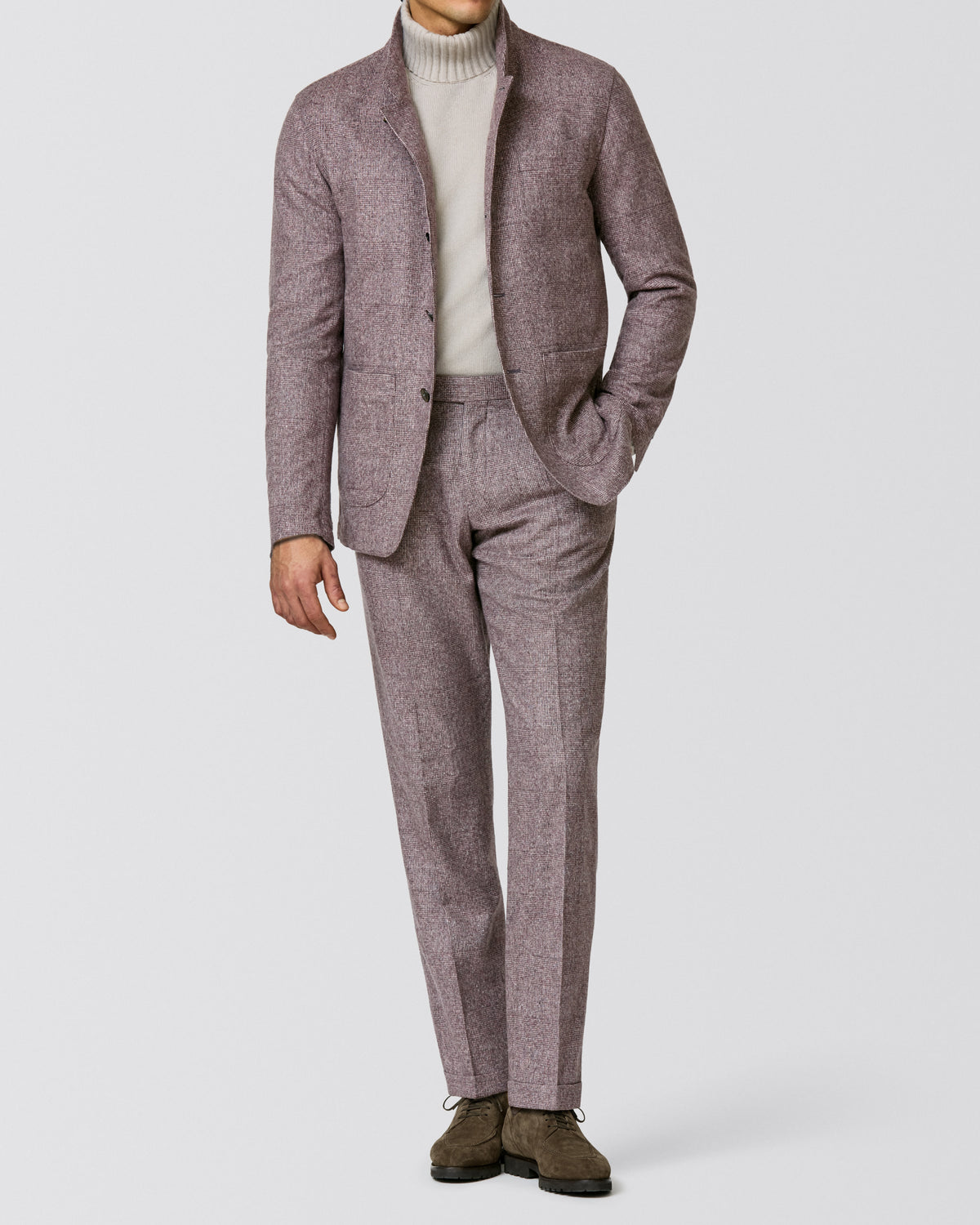 6099 dusty pink-d.brown silk-wool-cashmere glencheck with white slubs - cordes-sons.com