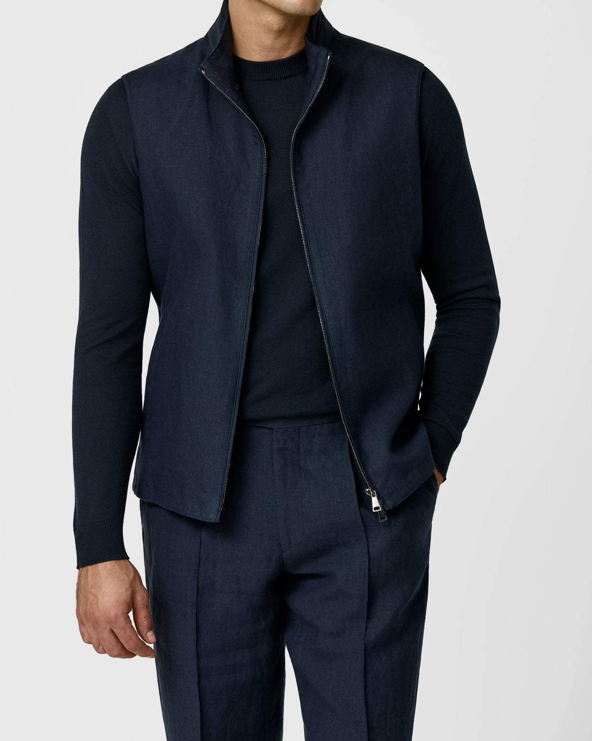 LIN003 navy linen plain weave vest - cordes-sons.com