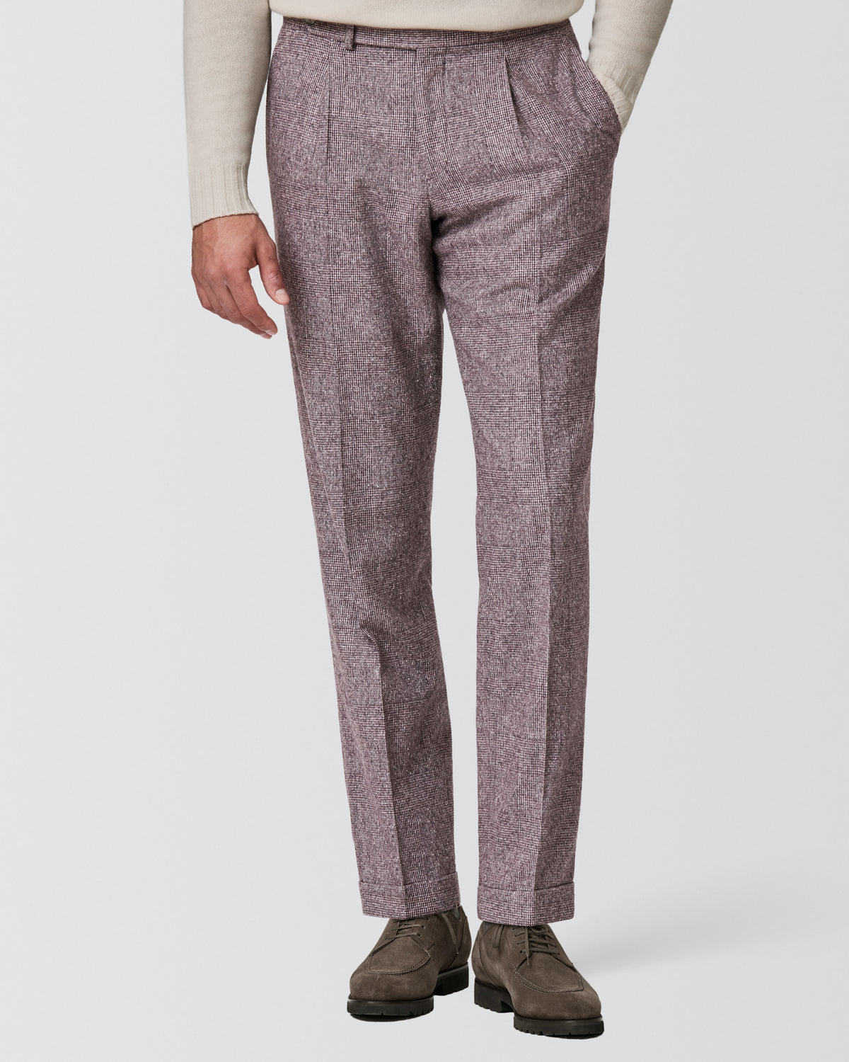 6099 dusty pink-d.brown silk-wool-cashmere glencheck with white slubs trousers - cordes-sons.com