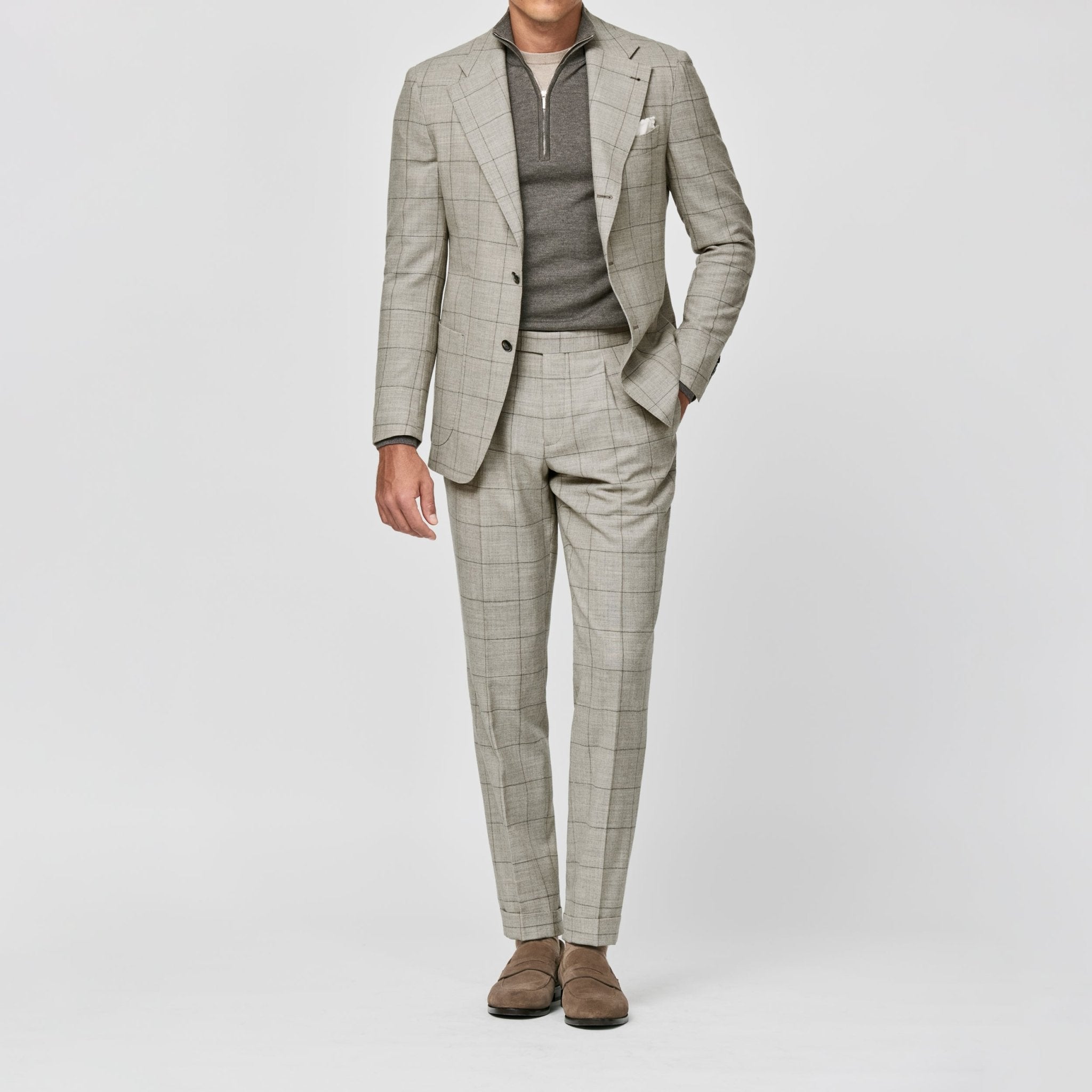 6015 beige S130 natural bi - stertch wool flannel with brown windowpane by Drago - cordes - sons.com