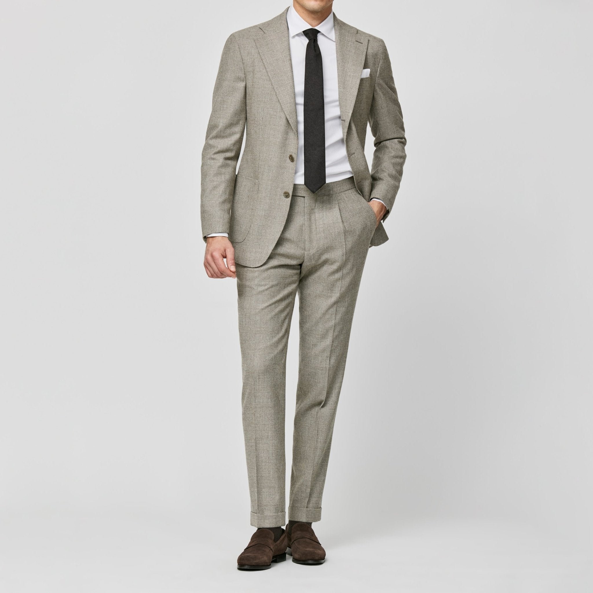 6017 taupe - ivory stretch wool glencheck fabric made in Italy by Loro Piana - cordes - sons.com