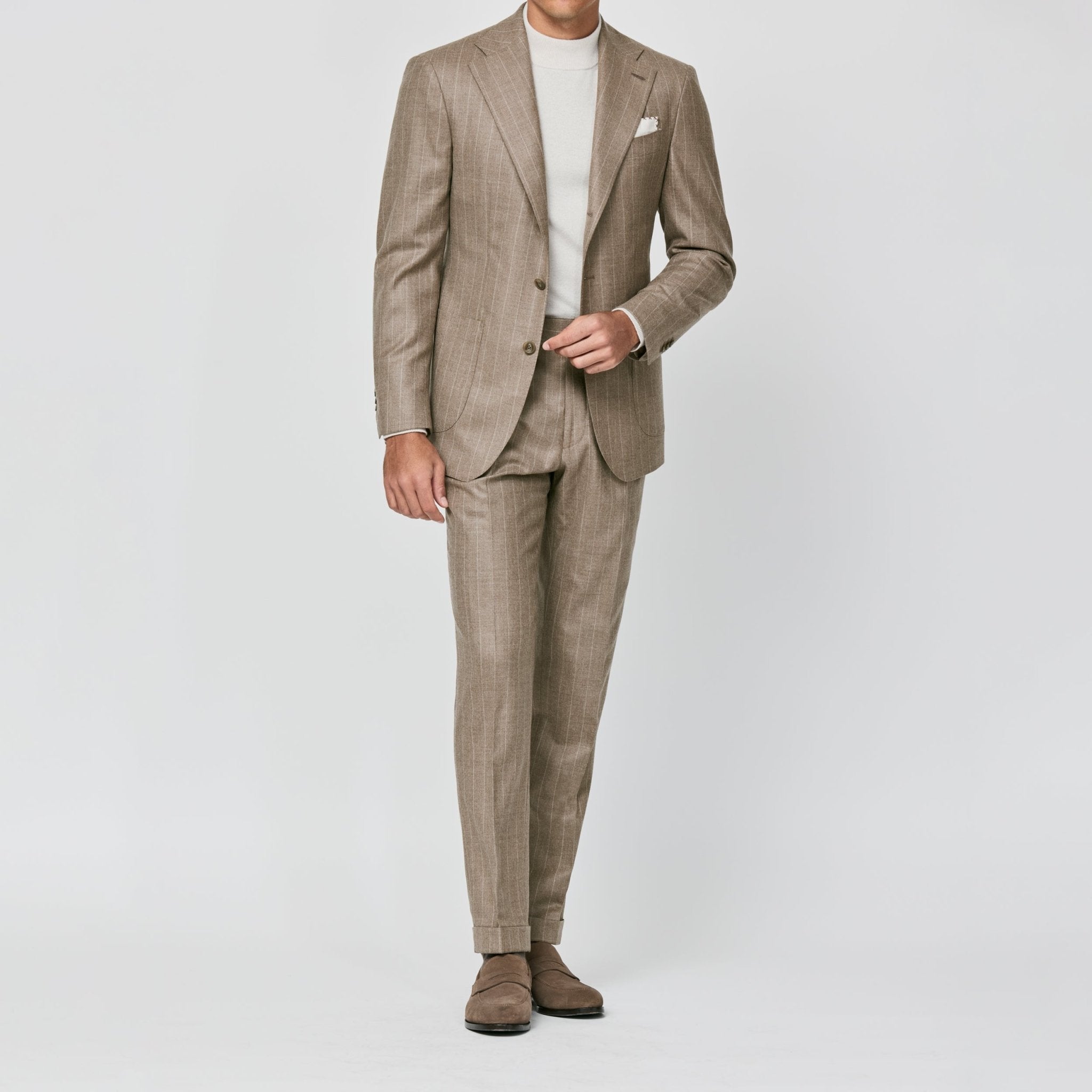 6018 light mocca wool twill with loght brown stipes fabric made in Italy by Loro Piana - cordes - sons.com