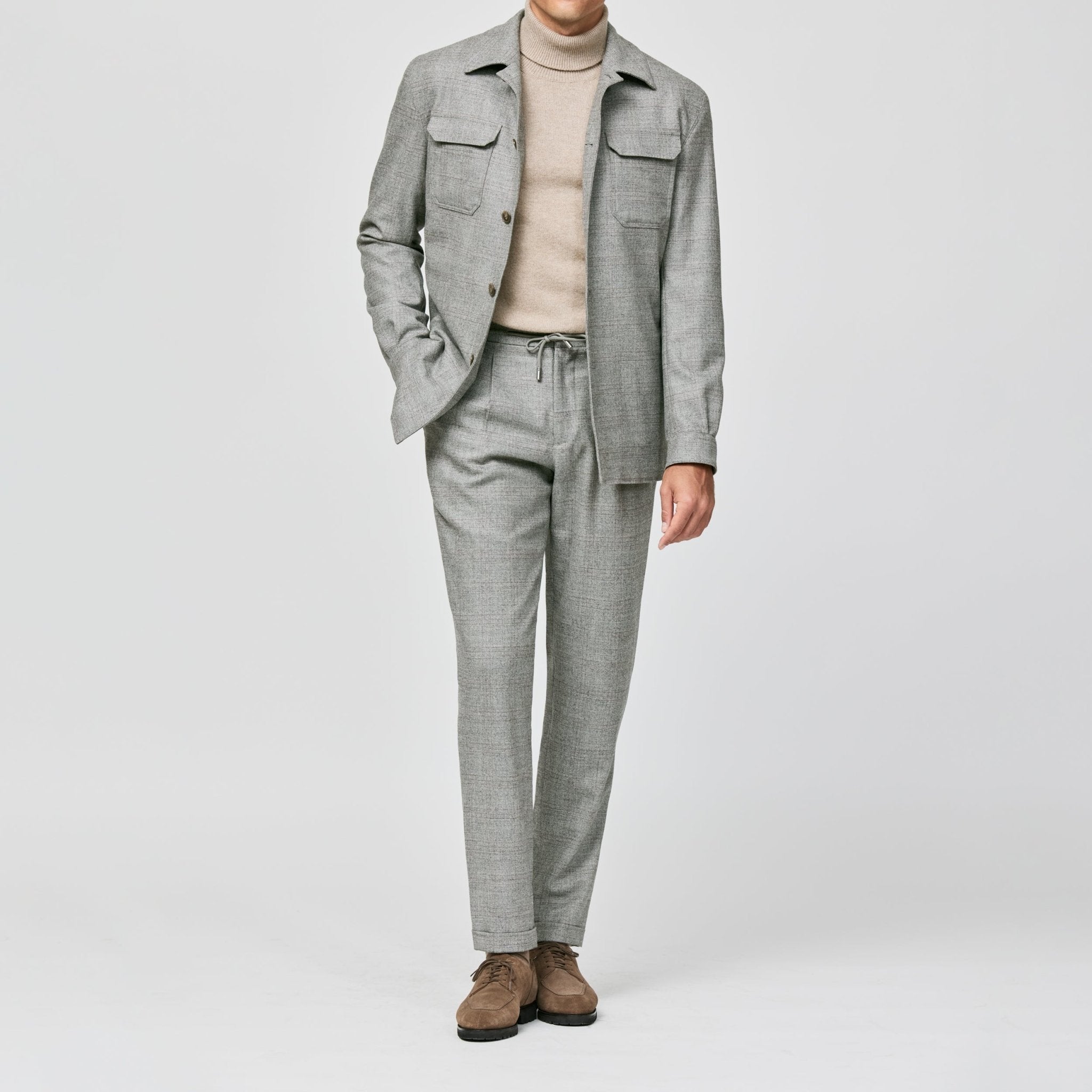 6026 mixed grey stretch wool glencheck with light pink overcheck fabric msade in Italy by Loro Piana - cordes - sons.com