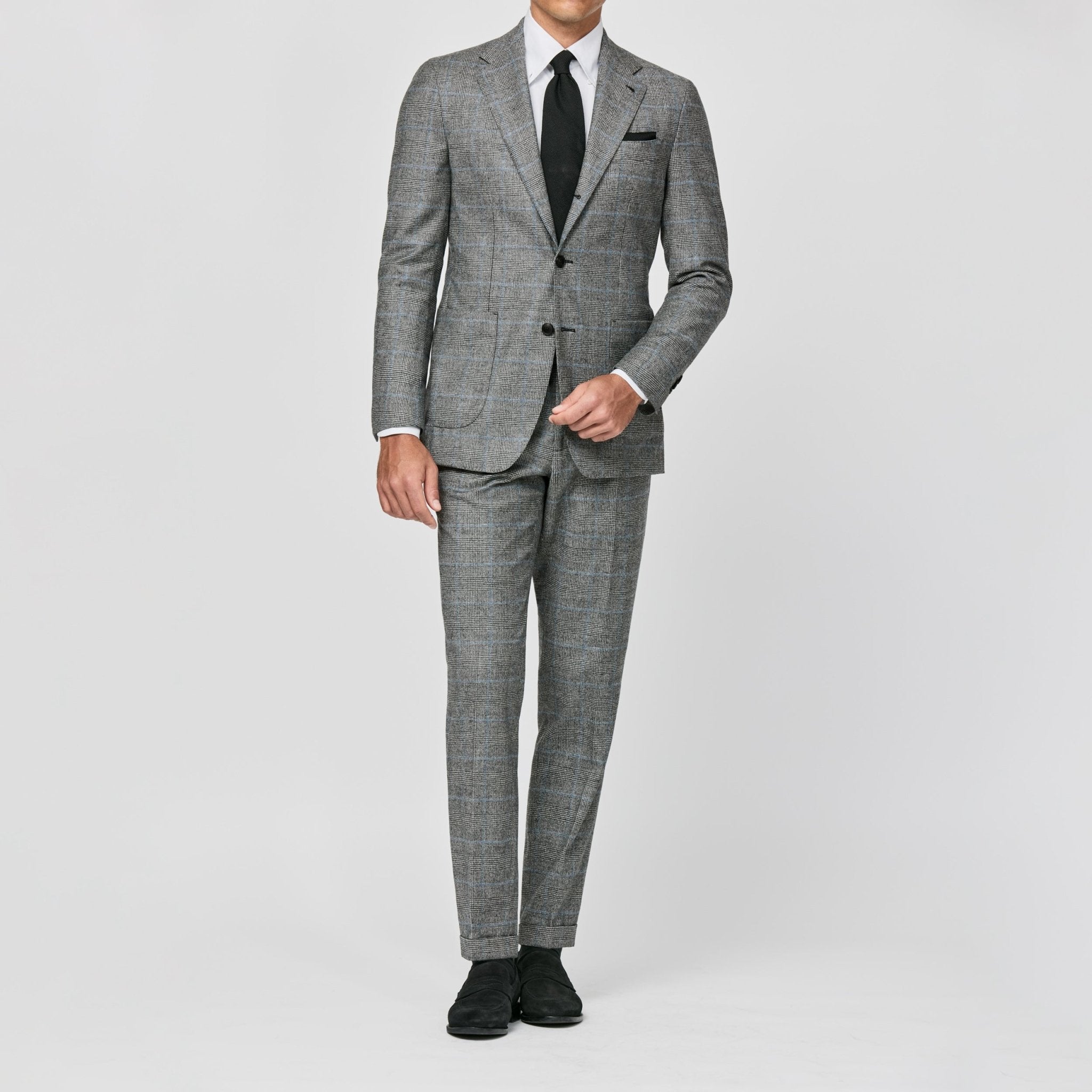 6028 black white wool - cashmere glencheck with cobald blue windowpane fabric made in Italy by Loro Piana - cordes - sons.com