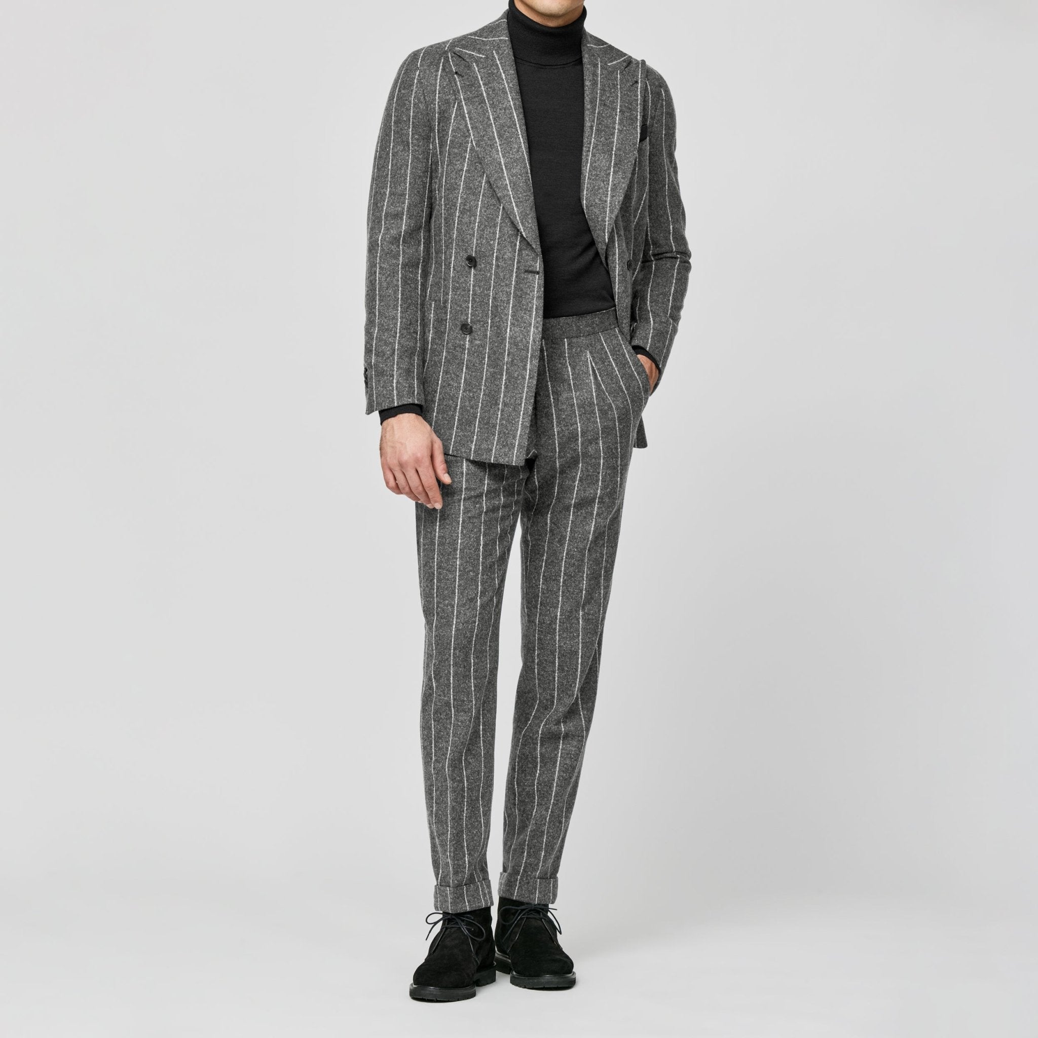 6029 charcoal grey stretch alpaca - wool blend with ice grey stripes fabric made by Ferla - cordes - sons.com