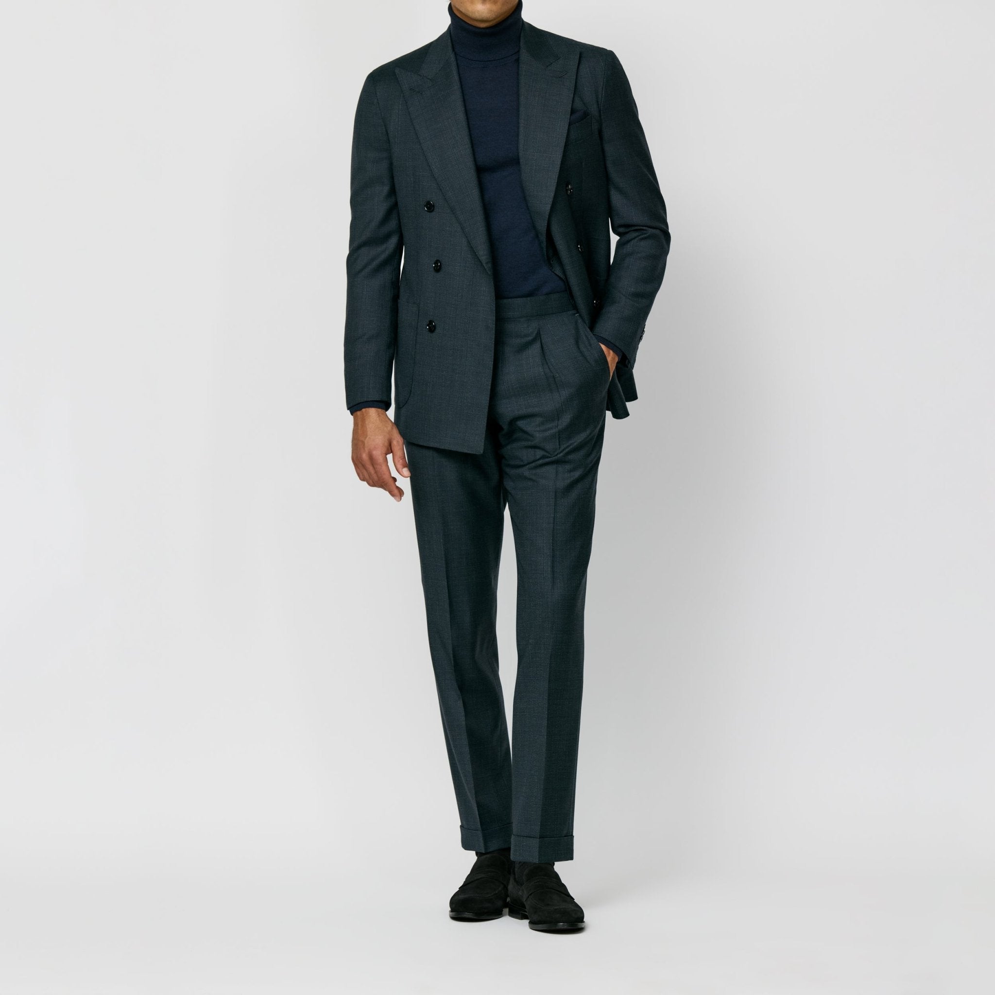 6035 d. green wool glencheck wtih blue oberscheck fabric made in Italy by Loro Piana - cordes - sons.com