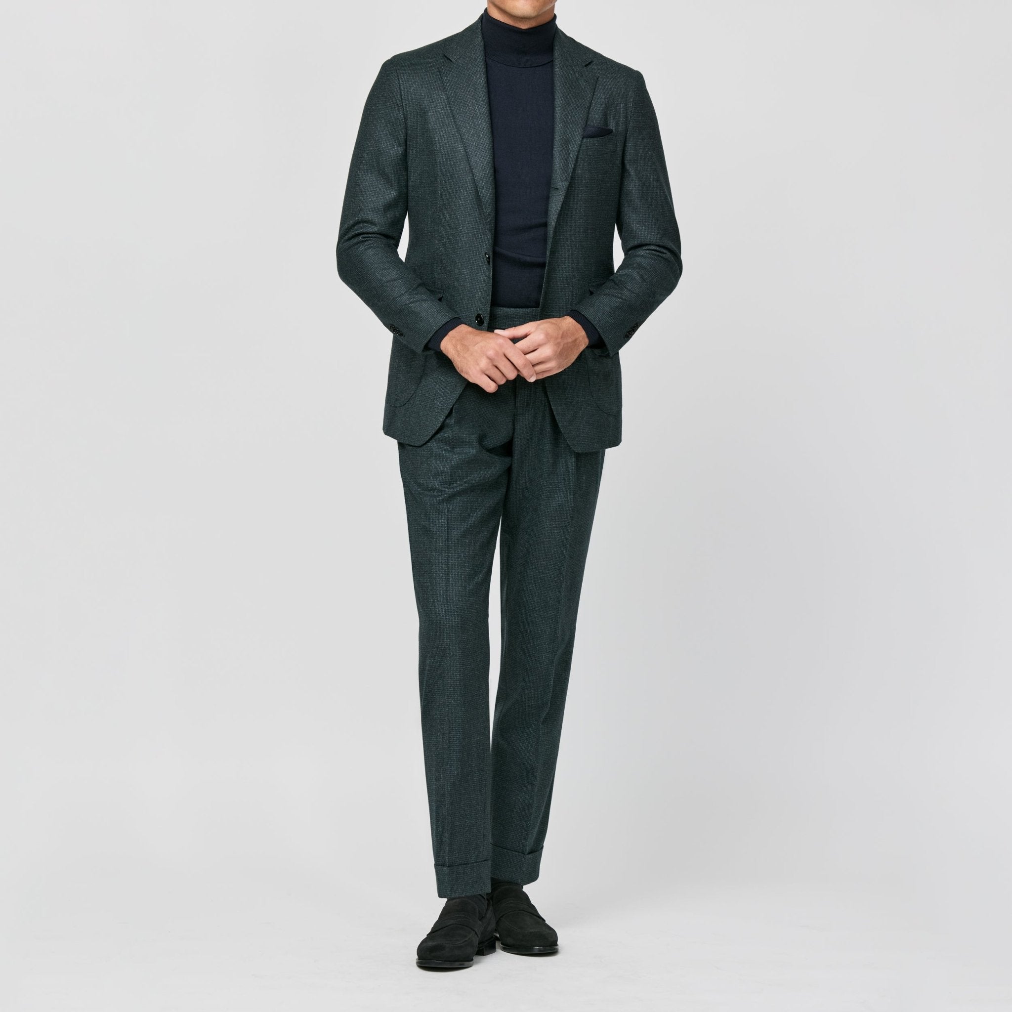 6036 bottle green S120 natural stretchwool micro - houndstooth fabric made in Italy by Loro Piana - cordes - sons.com