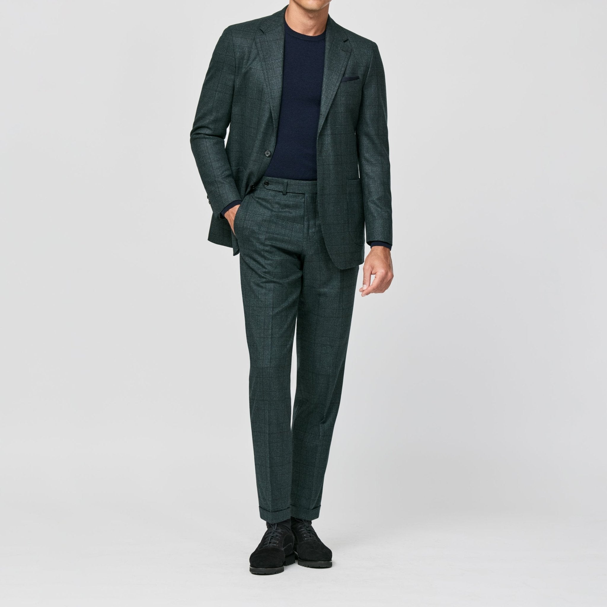 6037 bottle green S120 natural stretch wool glencheck fabric made in Italy by Loro Piana - cordes - sons.com