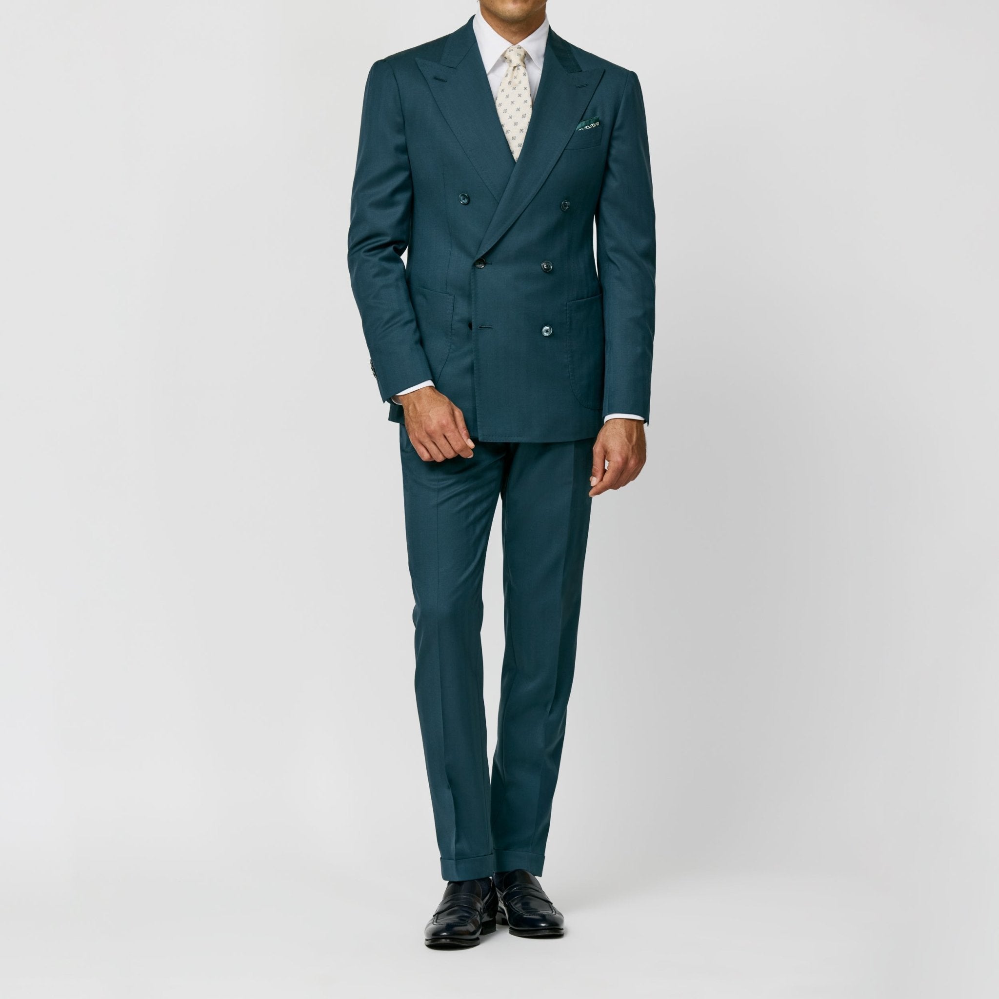 6039 petrol S130 natural bi - stretch wool solaro herringbone fabric by Drago - cordes - sons.com