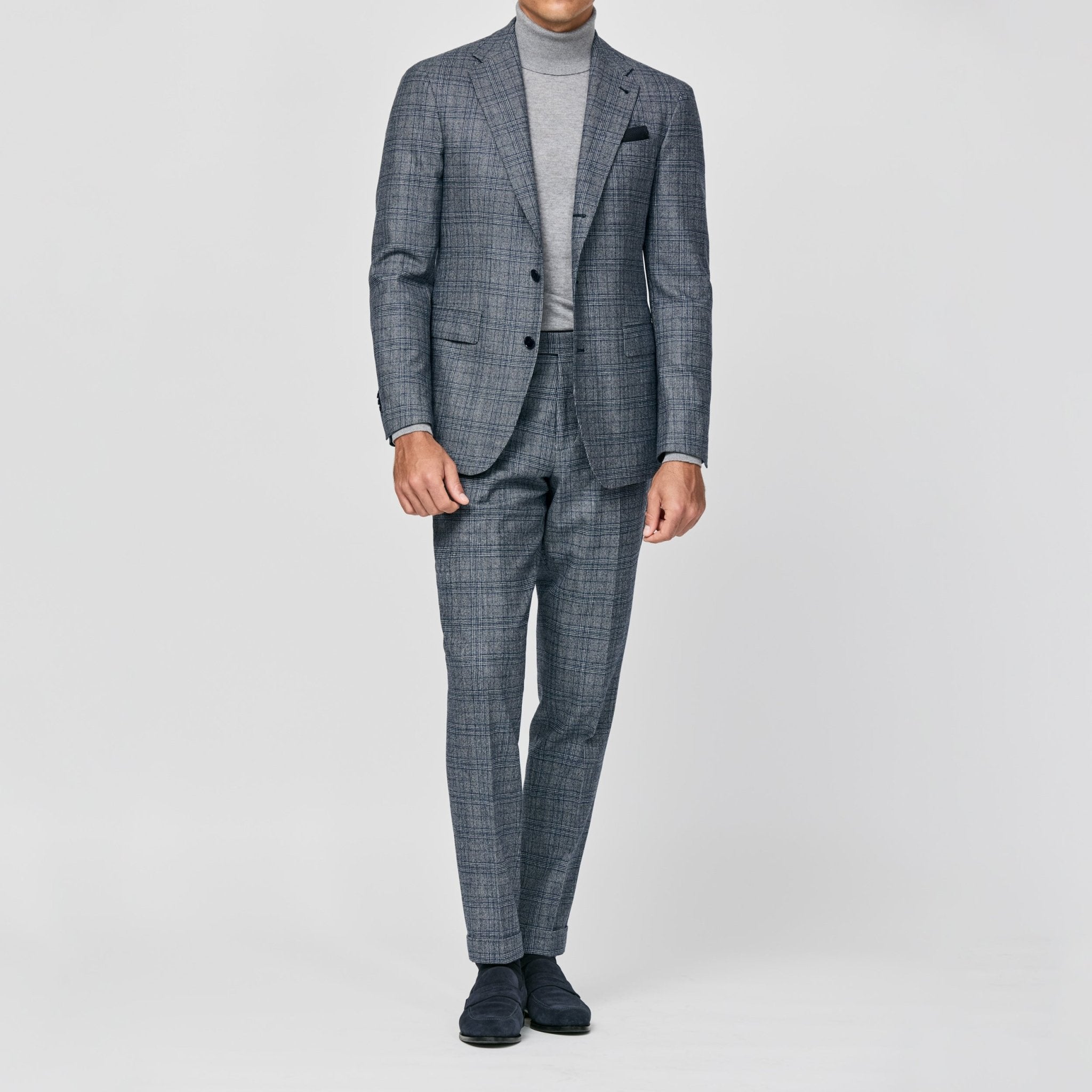 6042 mixrd grey stretch wool with blue glencheck made in Italy fabric by Loro Piana - cordes - sons.com
