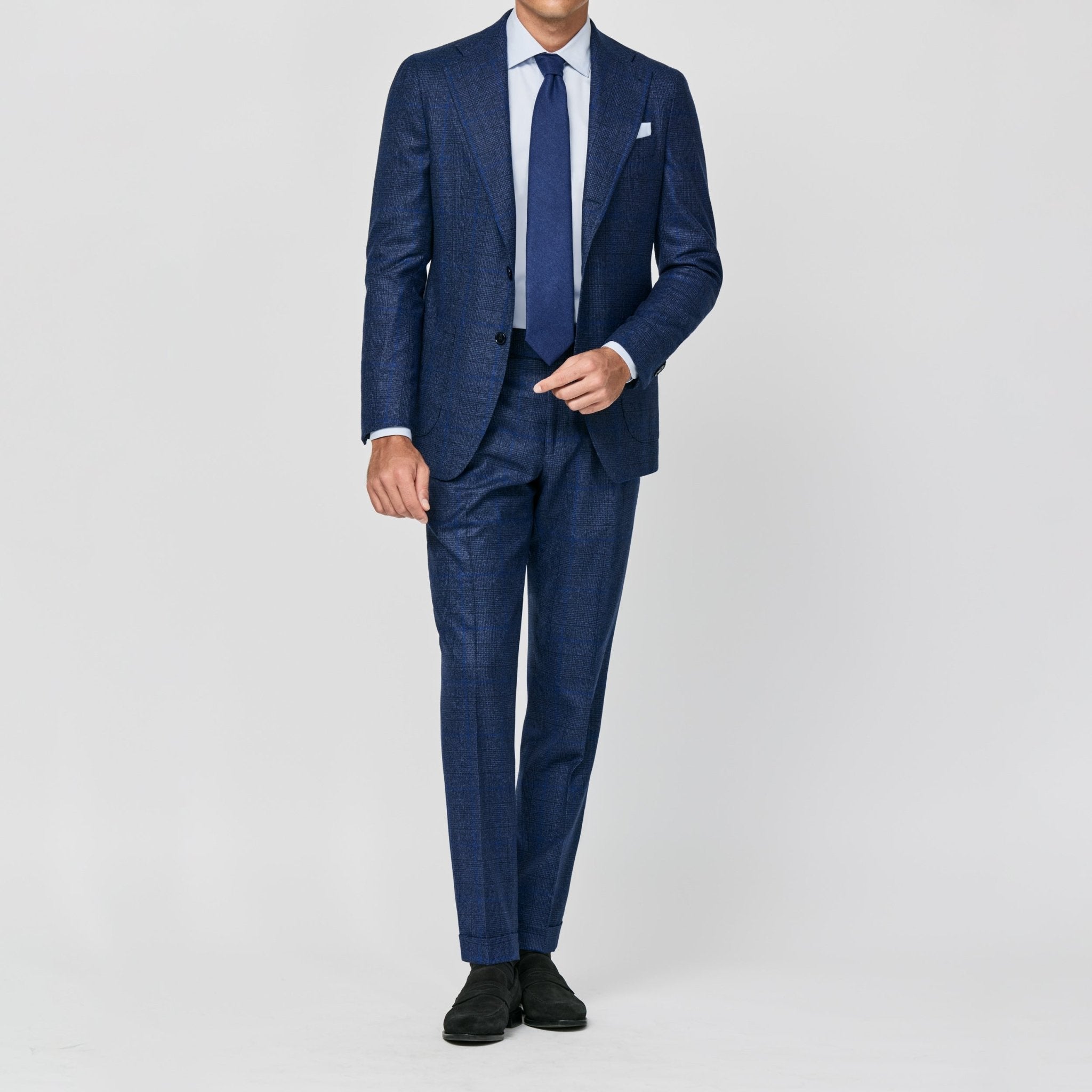 6044 royal blue S120 natural stretch wool glencheck with windowpane made in Italy fabric by Loro Piana - cordes - sons.com