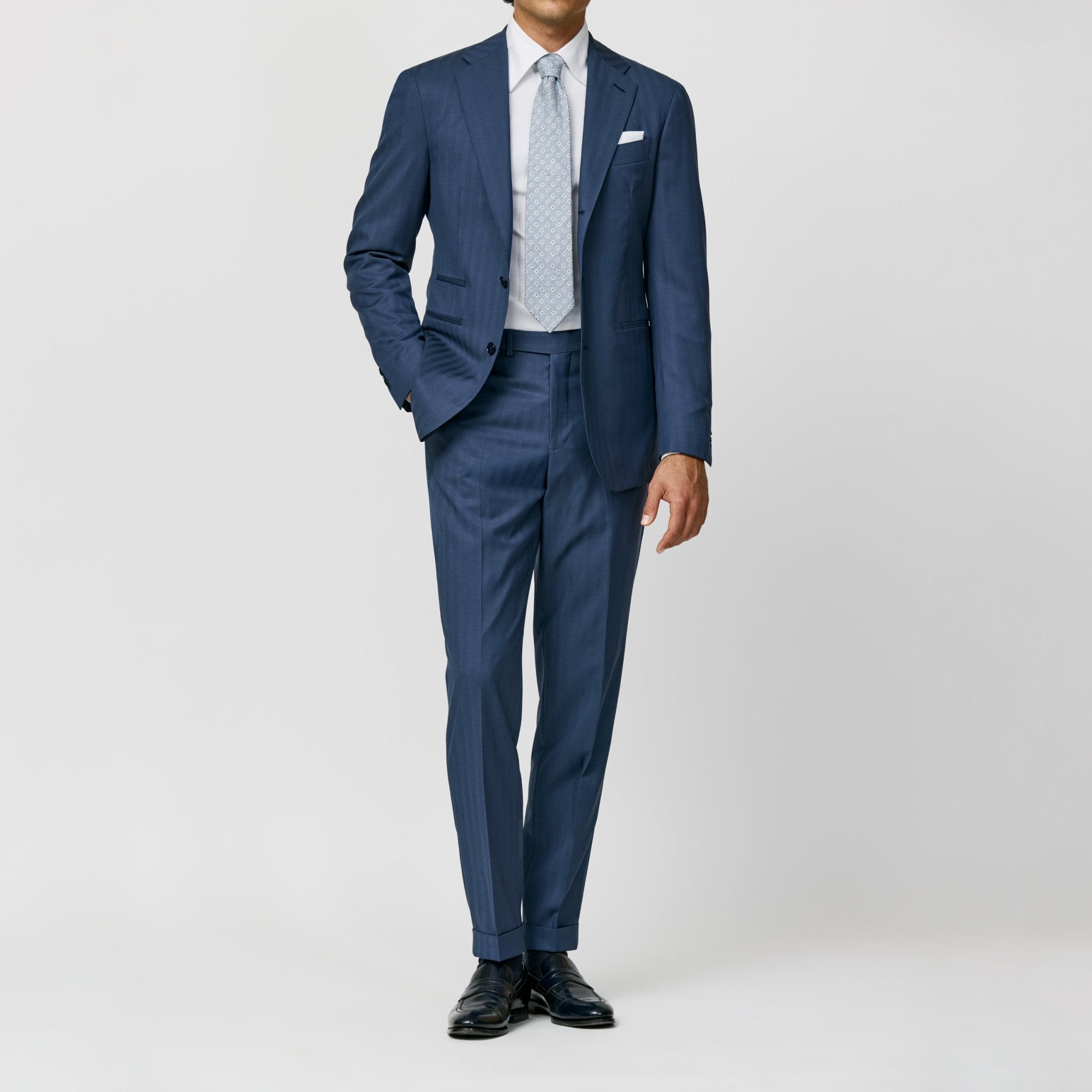 6048 neapolitan blue S130 natural bi - stretch wool solaro herringbone fabric by Drago - cordes - sons.com