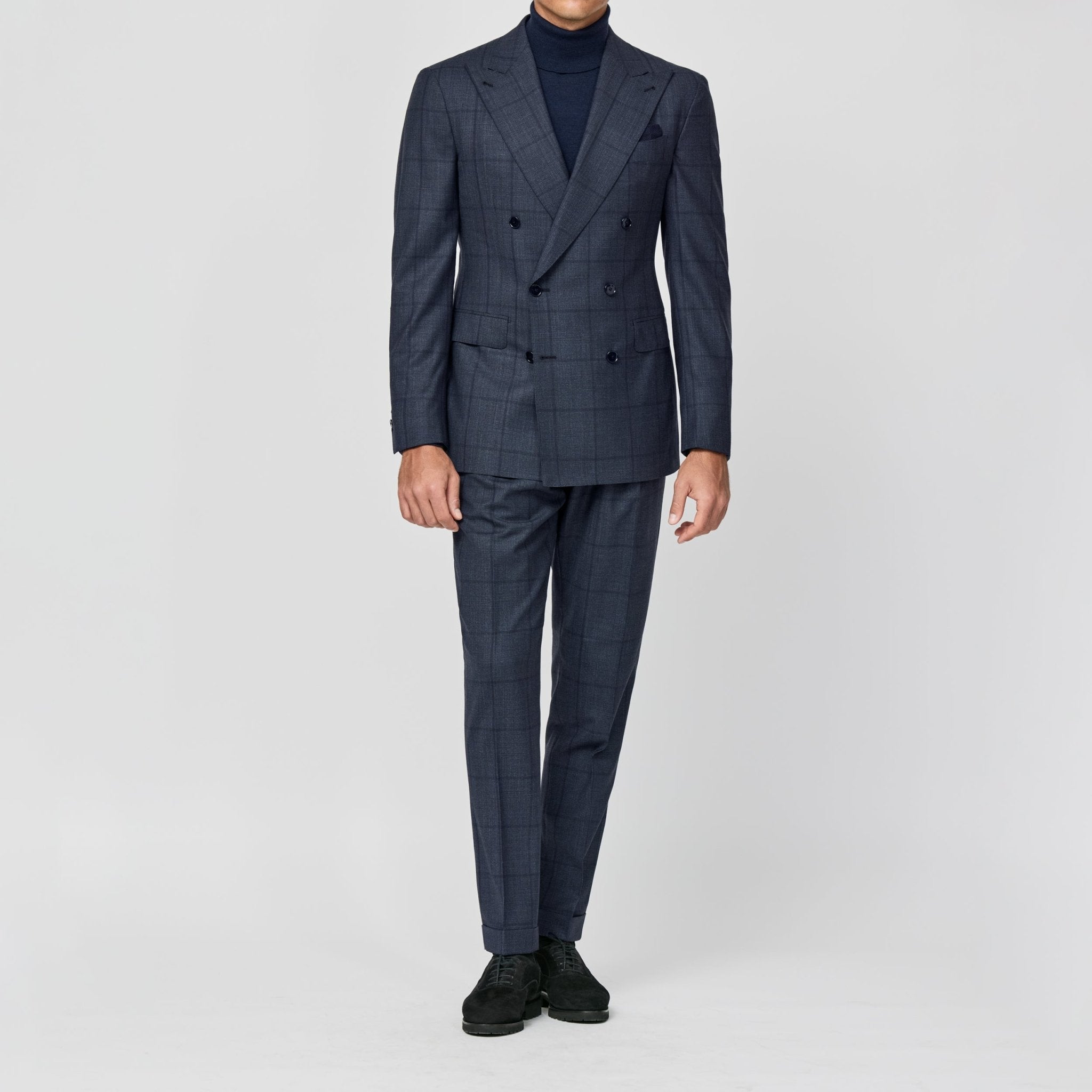 6051 dark stone blue wool glenscheck with dark brown overcheck fabric made in Italy by Loro Piana - cordes - sons.com
