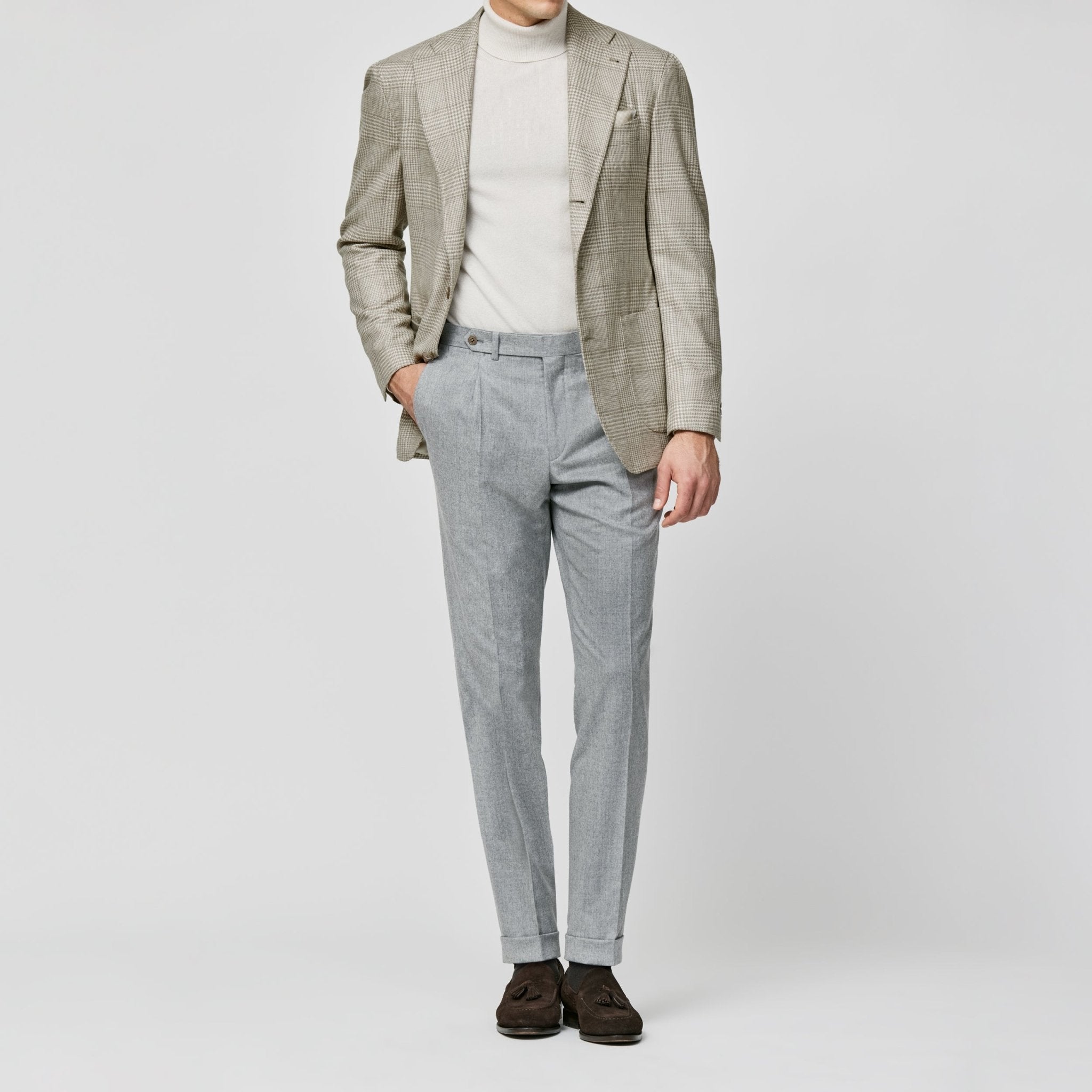 9145 ivory - taupe wool glencheck fabric made in Italy by Loro Piana - cordes - sons.com