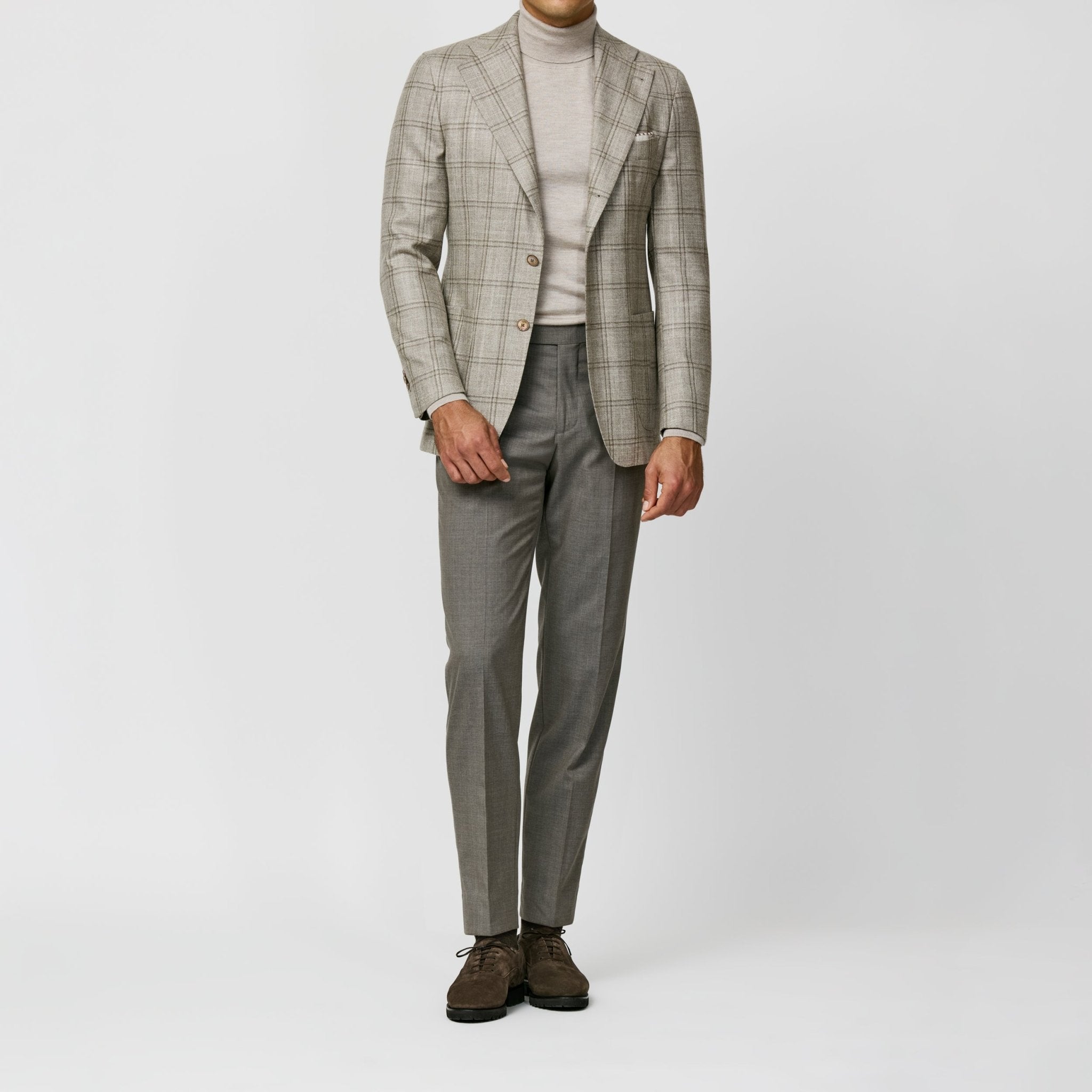 9149 oatmeal wool - silk - cashmere with taupe double windowpane fabric made in Italy by Loro Piana - cordes - sons.com