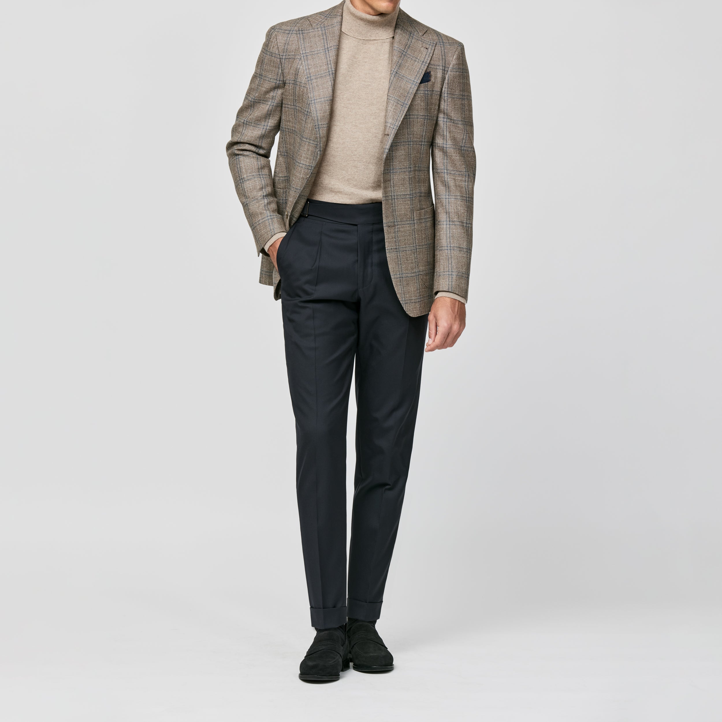 9154 tan wool-silk-cashmere sharkskin with double windowpane fabric made in Italy by Loro Piana