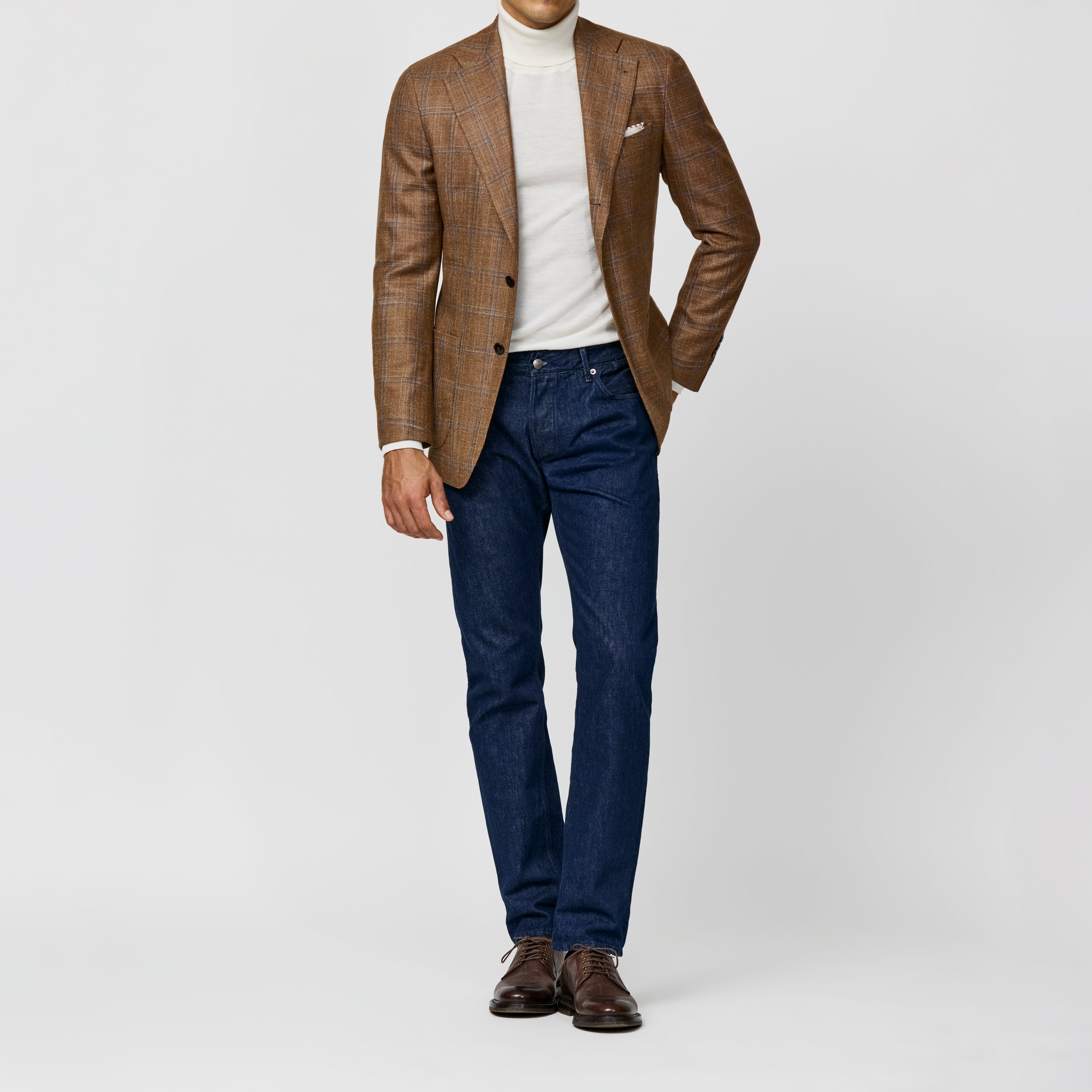 9156 cinnamon wool-silk-cashmere sharkskin with midblue double window pane fabric made in Italy by Loro Piana
