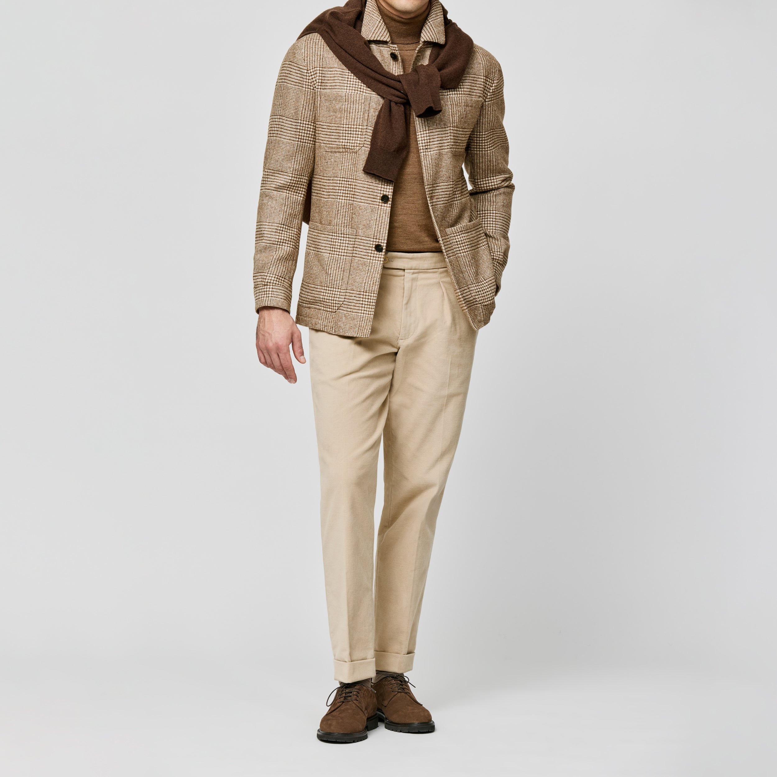 9158 cream-caramel wool-alpaca blend glencheck fabric by Ferla