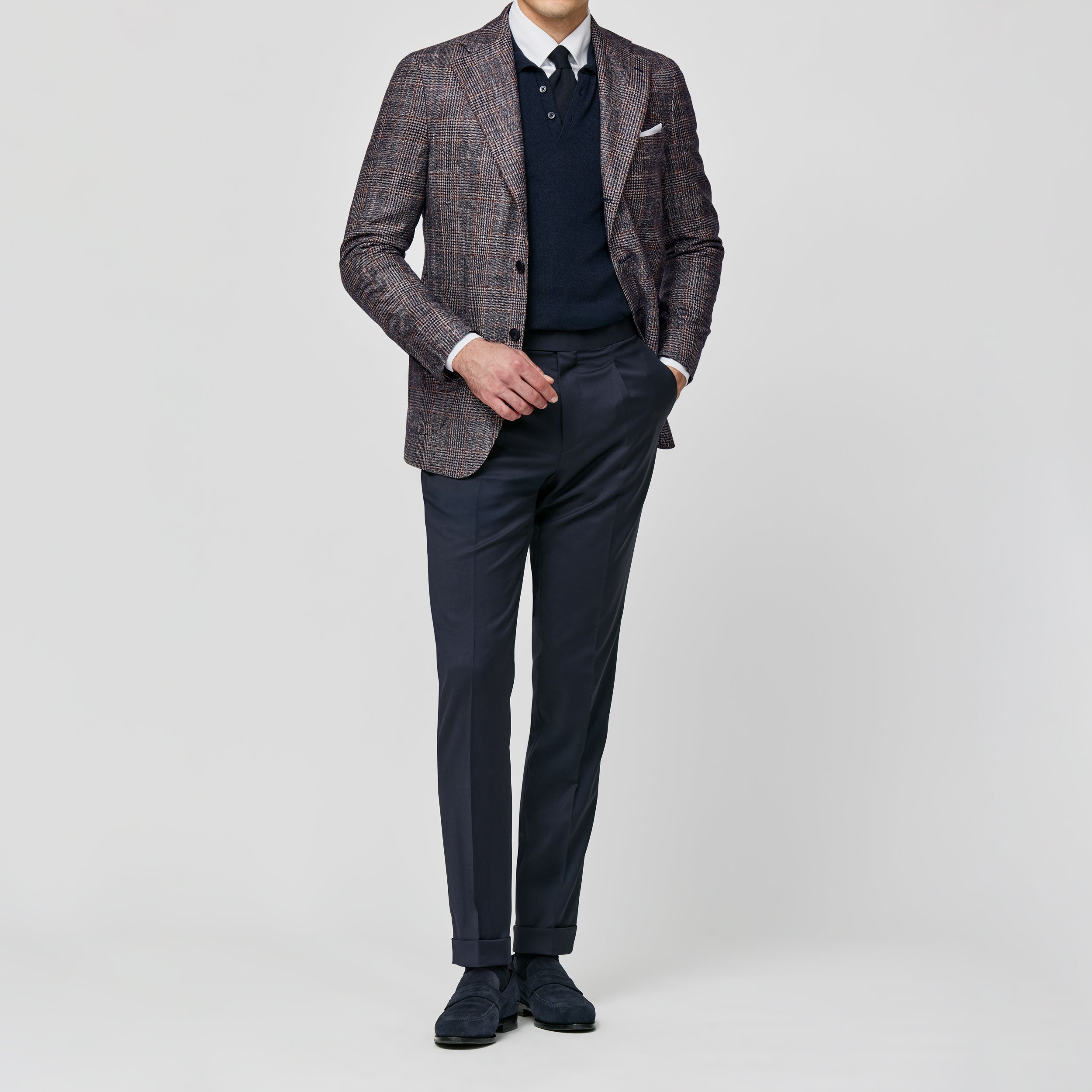 9162 blue-sand wooll-silk-cashmere with copper glencheck fabric made in Italy by Loro Piana