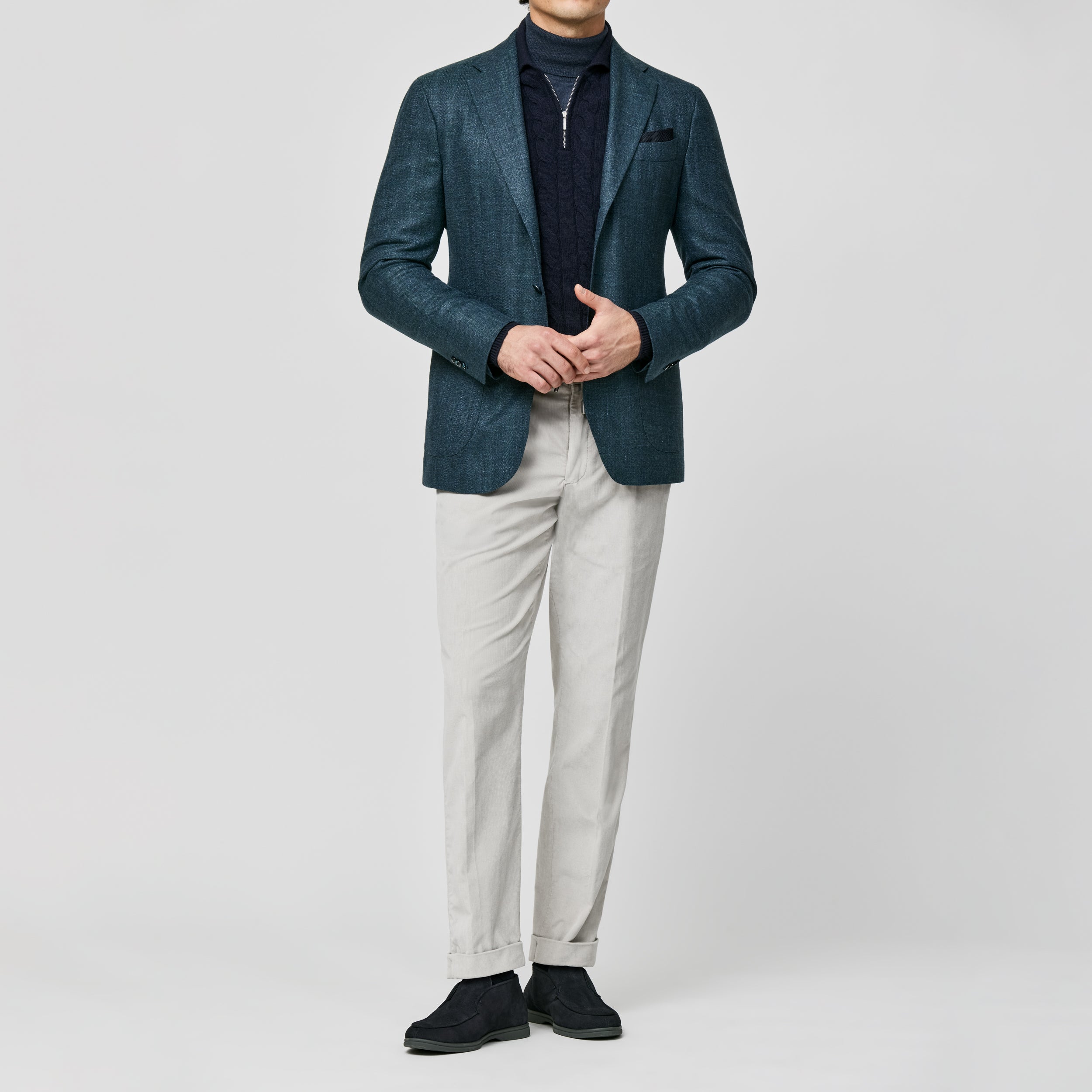 9163 petrol melange wool-silk-linen subtle herringbone  fabric by Drago
