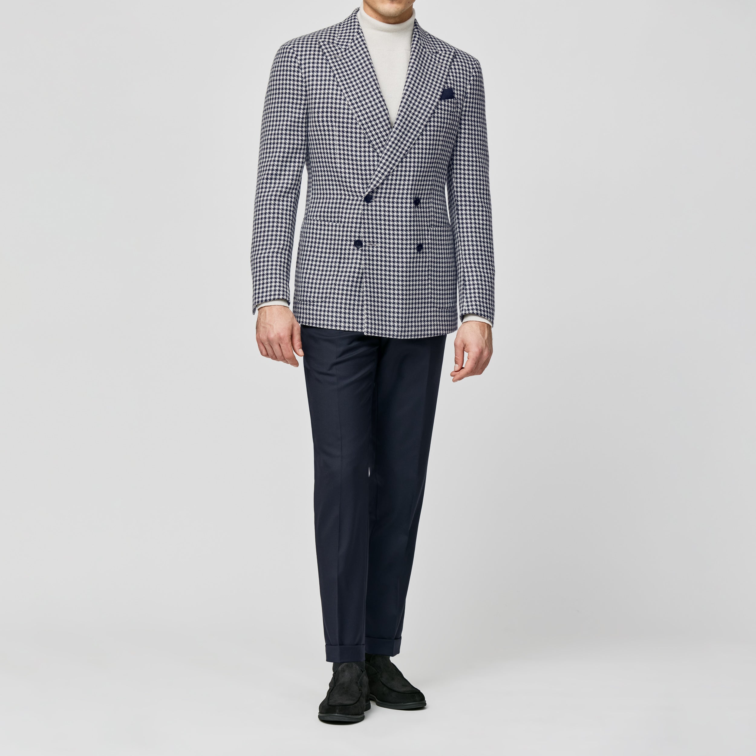 9164 midnight blue-off-white wool-alpaca-silk houndstooth fabric by Ferla