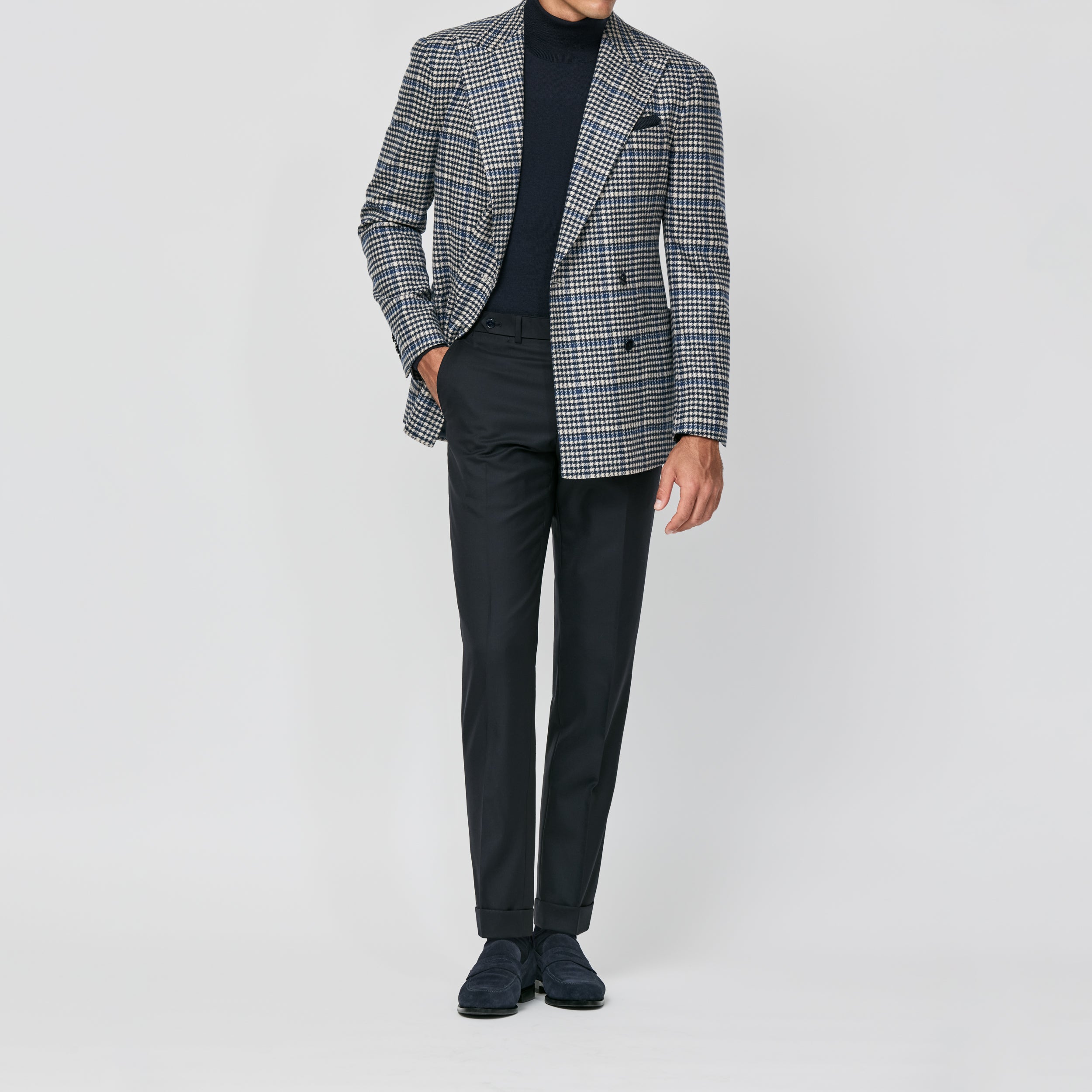 9165 navy-sand wool-cashmere houndstooth with royal blue windowpane fabric made in Italy by Loro Piana