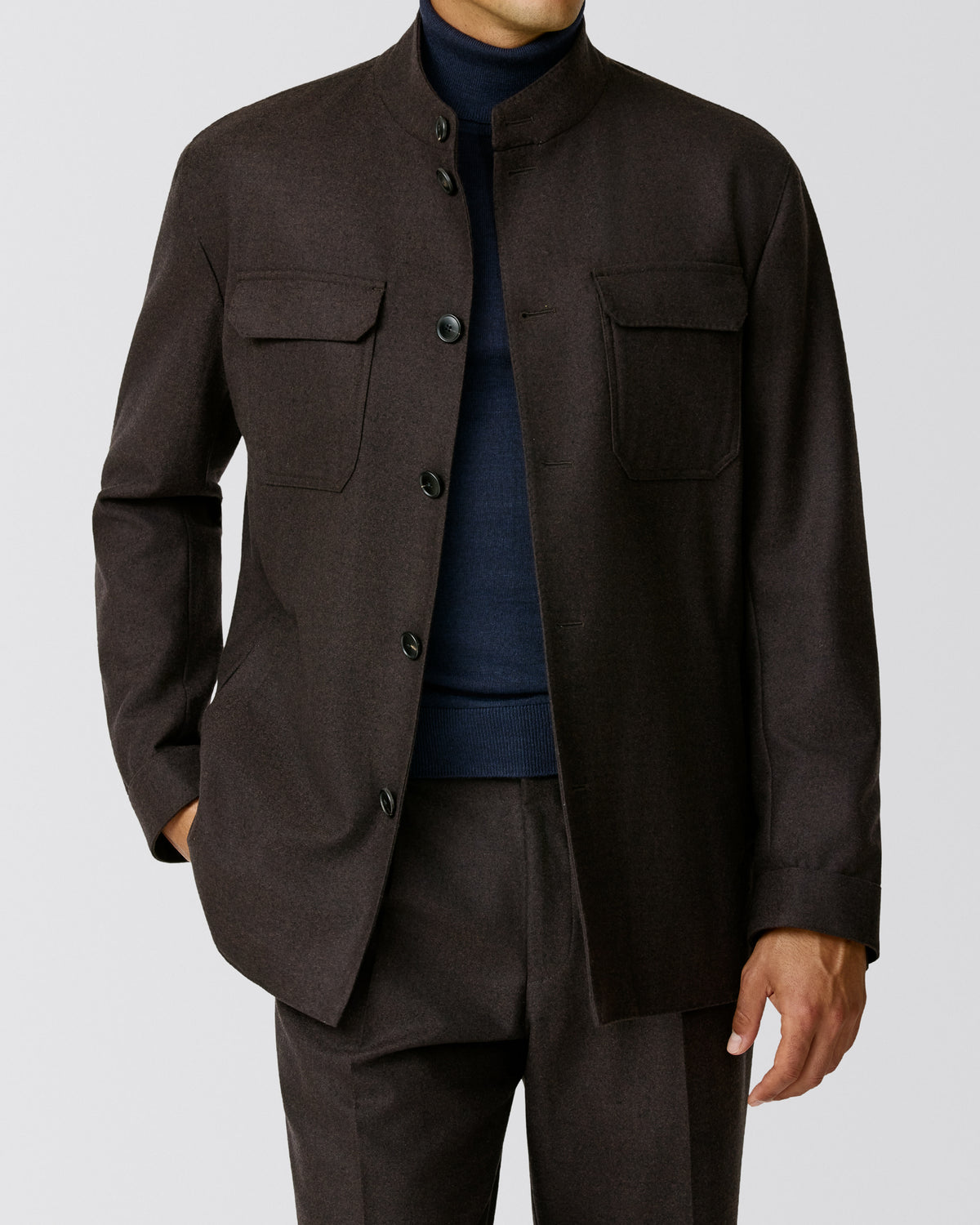ASF053 chocolate brown stretch brushed wool twill jacket - cordes-sons.com
