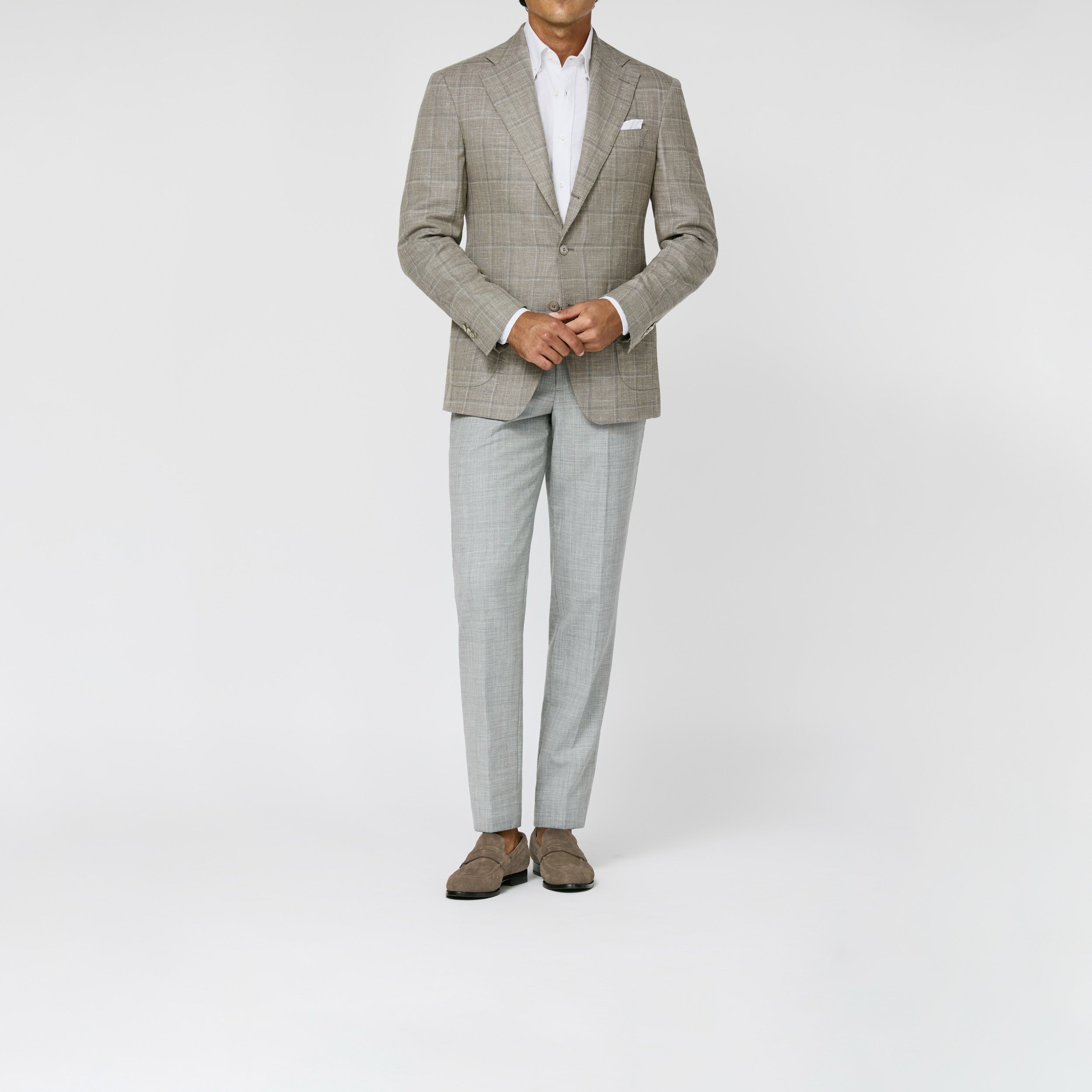 9182 Loro Piana outmeal melange stretch wool-silk-linen basket  with smoke grey windowpane