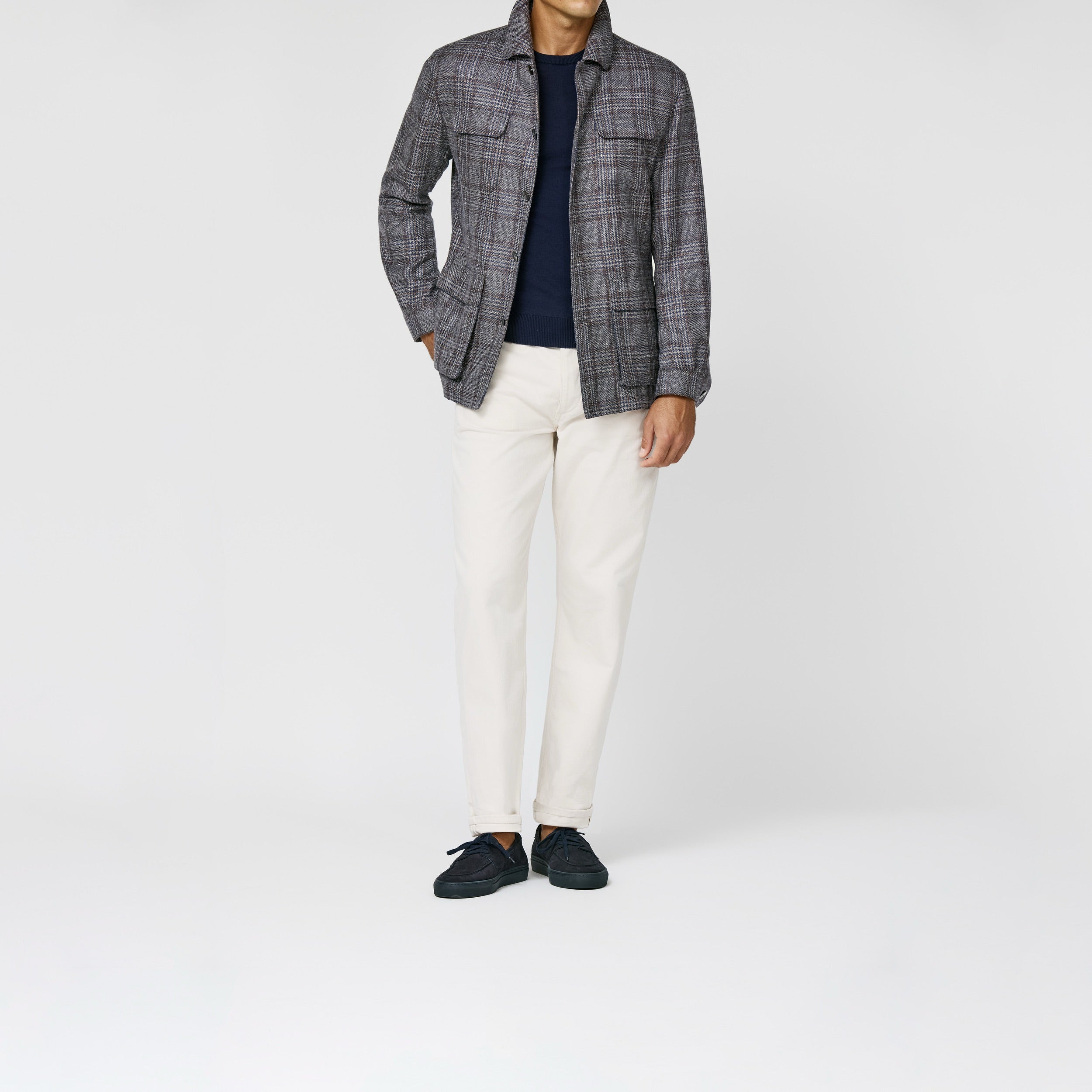 9184 Loro Piana taupe-oatmeal wool-silk-linen sharkskin with copper colbalt glencheck