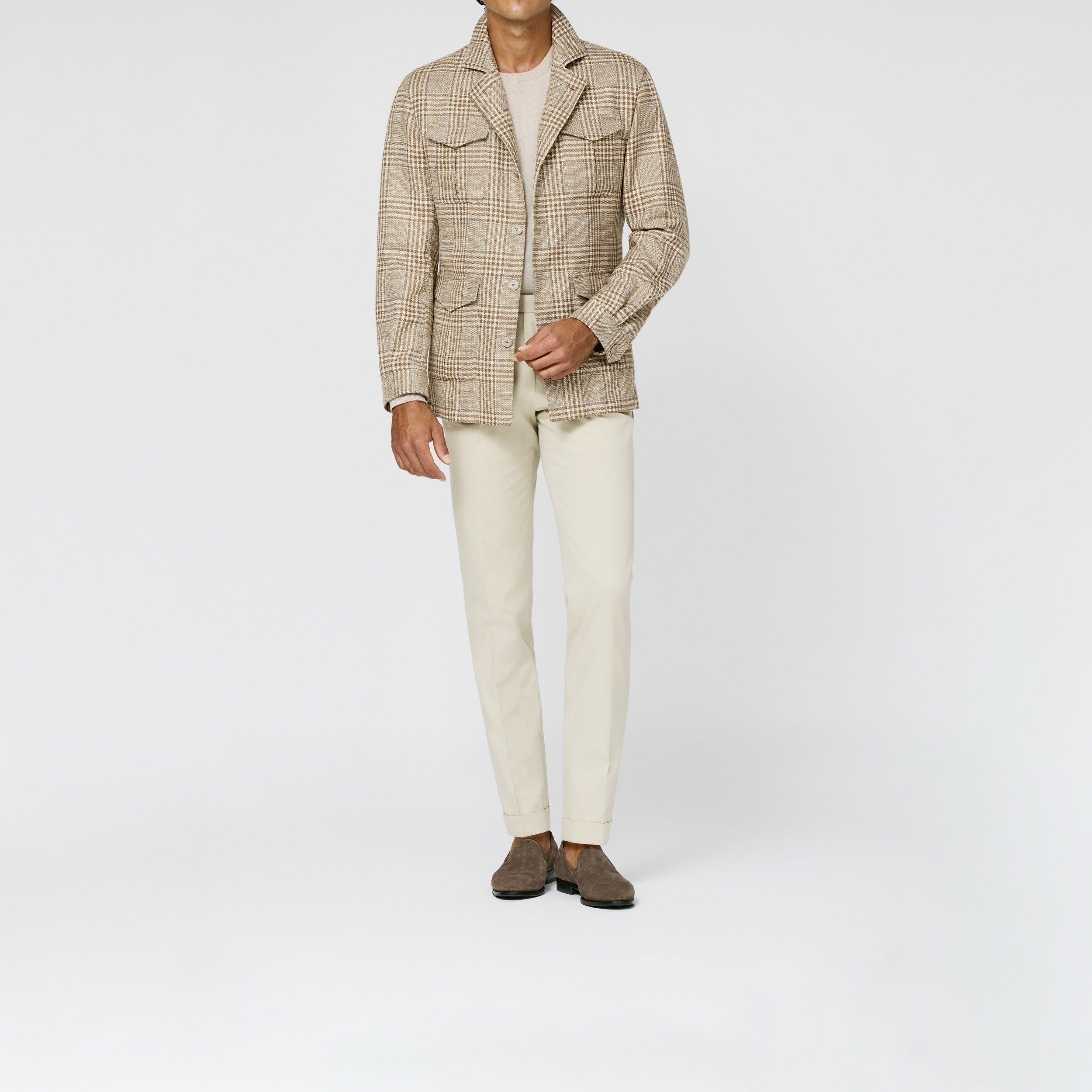 9188 Loro Piana tan-ivory wool cotton silk-linen glencheck and storm grey windowpane