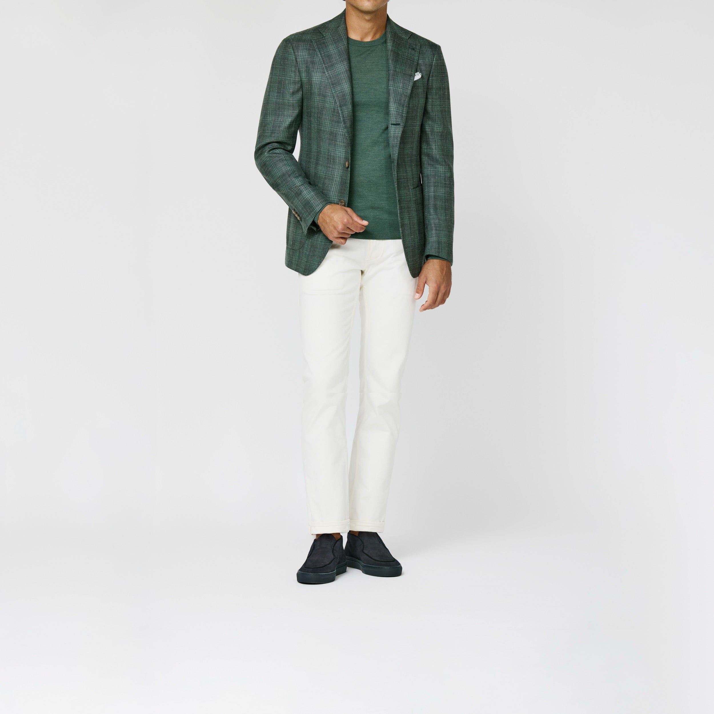 9195 mixed green wool silk linen glencheck