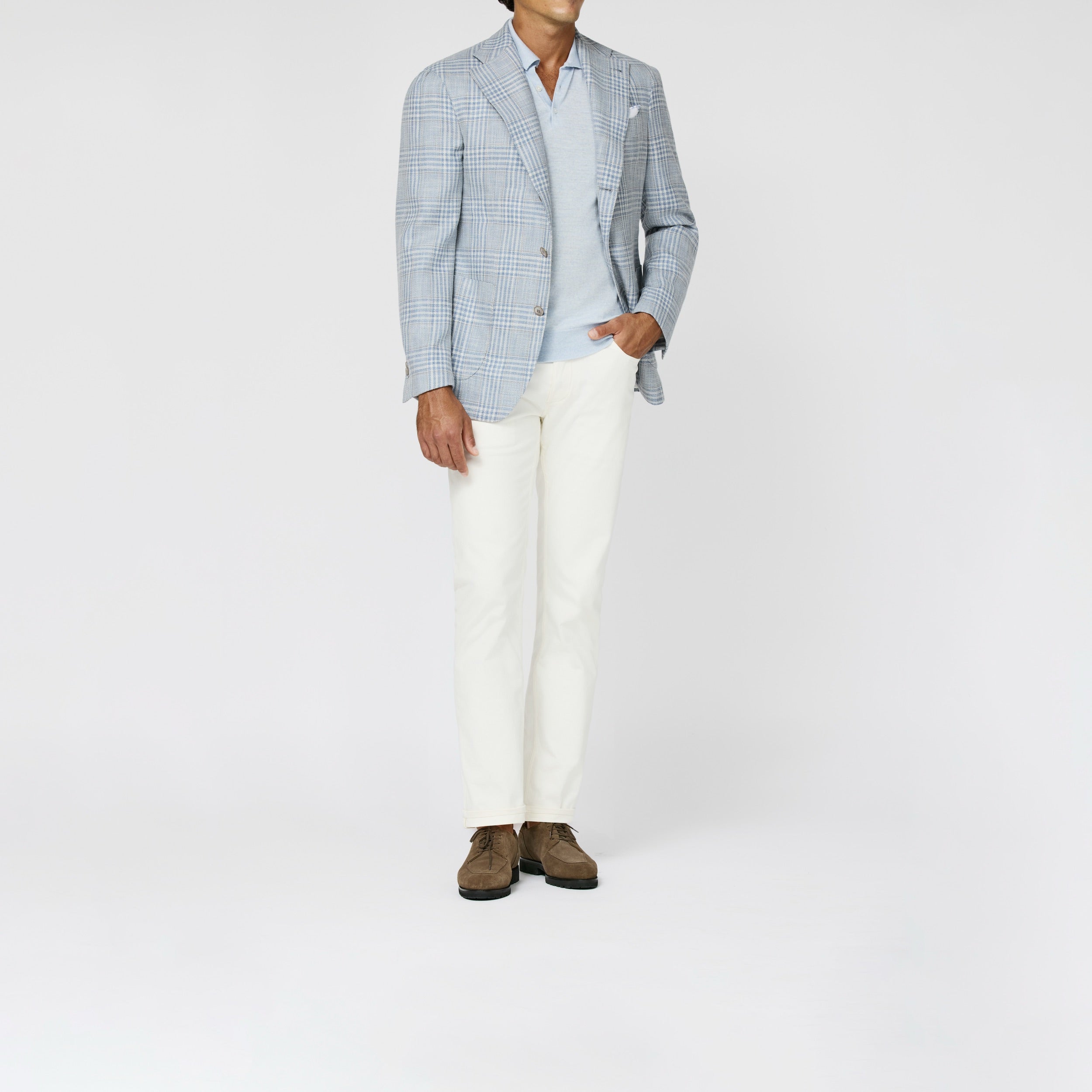 9196 Loro Piana sky blue-ivory wool-cotton silklinen glenscheck and storm grey windowpane