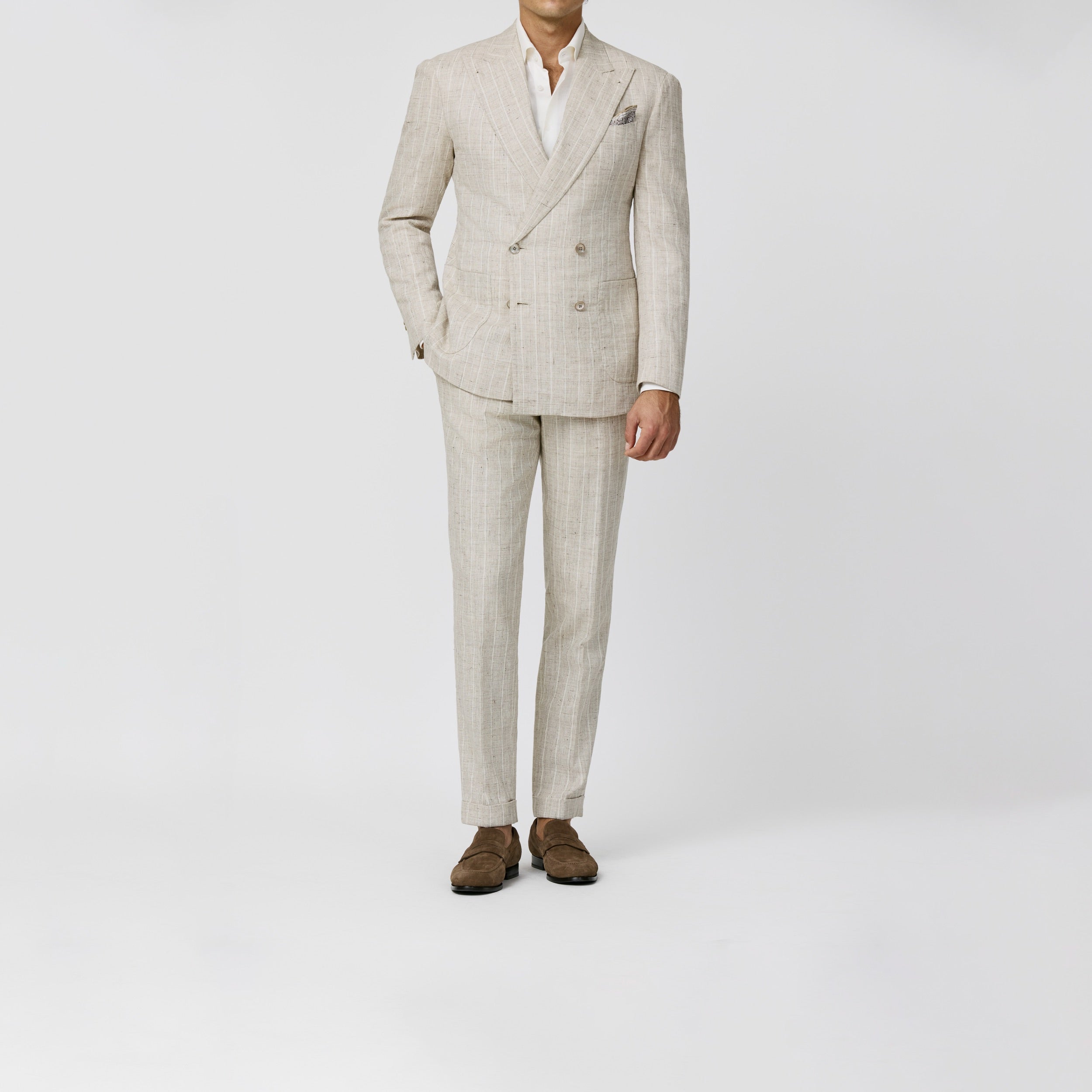 6057 greige -ivor-strtch-linen cotton blend with off-white pencil stripes