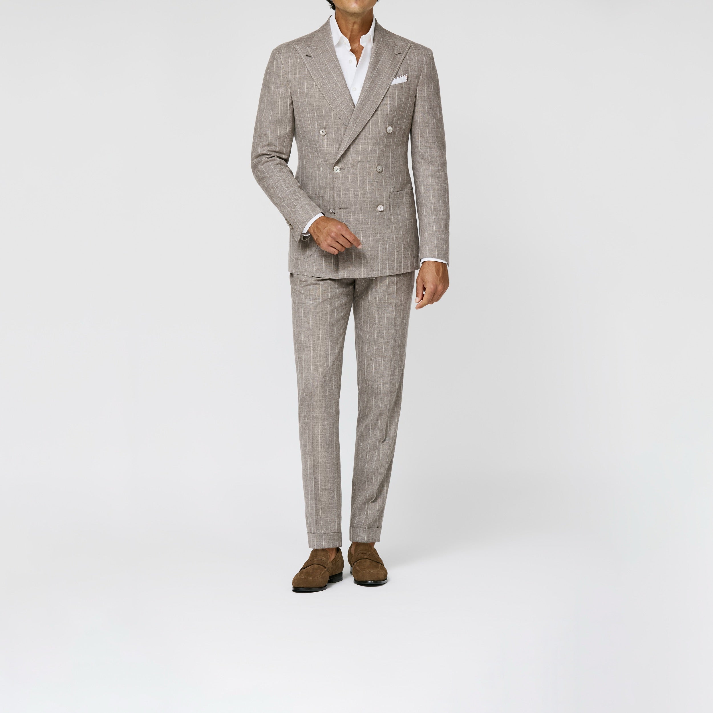 6059 Loro Piana  l.taupe  wool-silk-linen pllain weavewith ivor pencil stripes