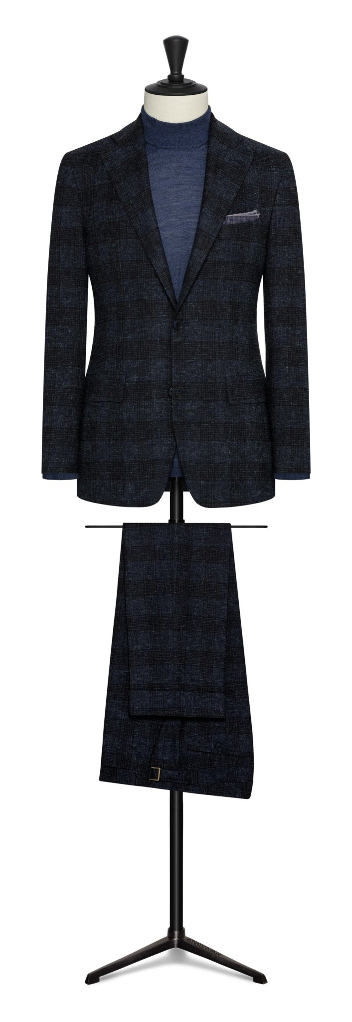 Fall / Winter 2022 Custom Suit - dark blue melange stretch wool - linen blend with black check by Carlo Barbera - cordes - sons.com
