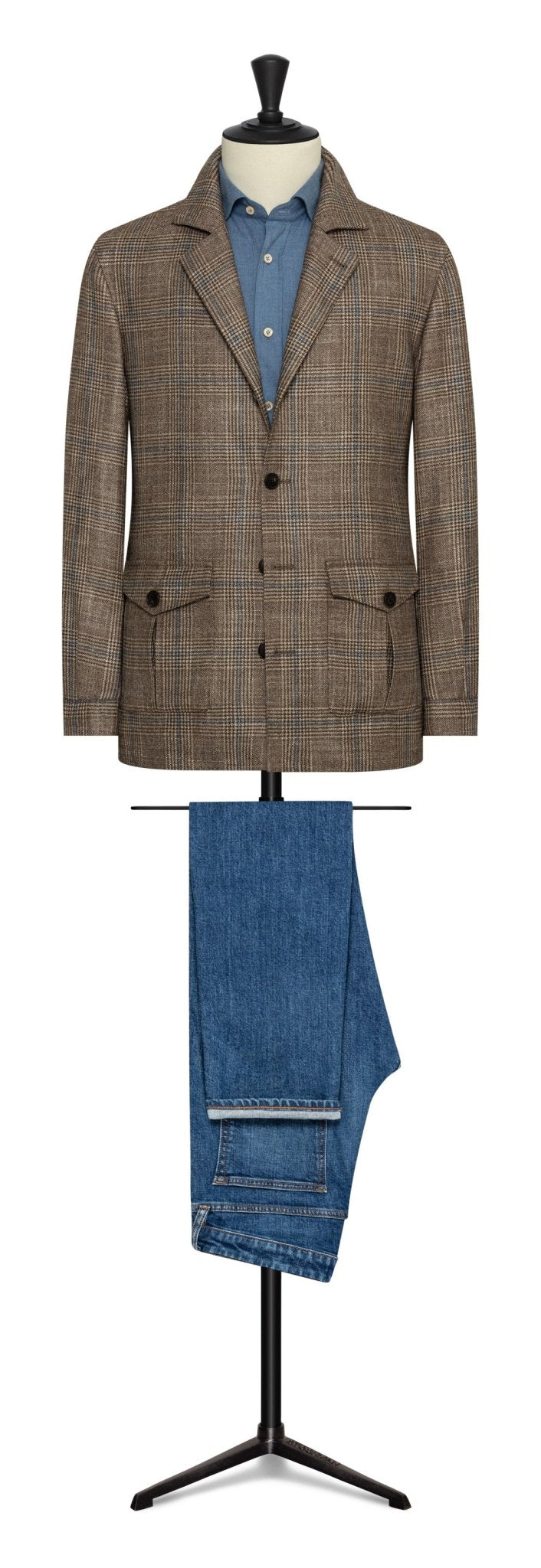 Mixed brown wool - silk - cashmere glencheck with slate blue overcheck by LORO PIANA - cordes - sons.com