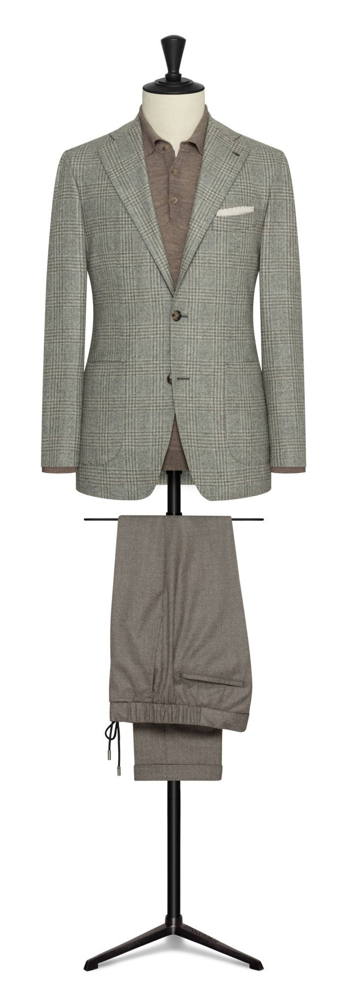 Grey melange s130 wool with taupe Prince of Wales check by DI PRAY - cordes - sons.com