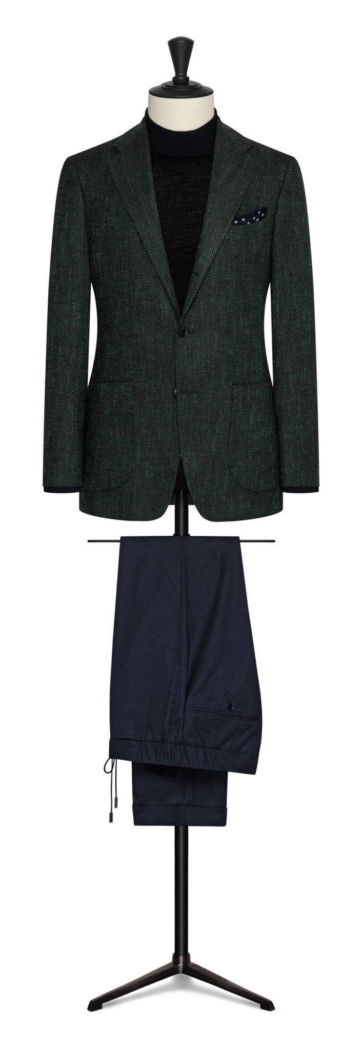 Bottle green stretch wool - silk - cotton blend herringbone by CARLO BARBERA - cordes - sons.com