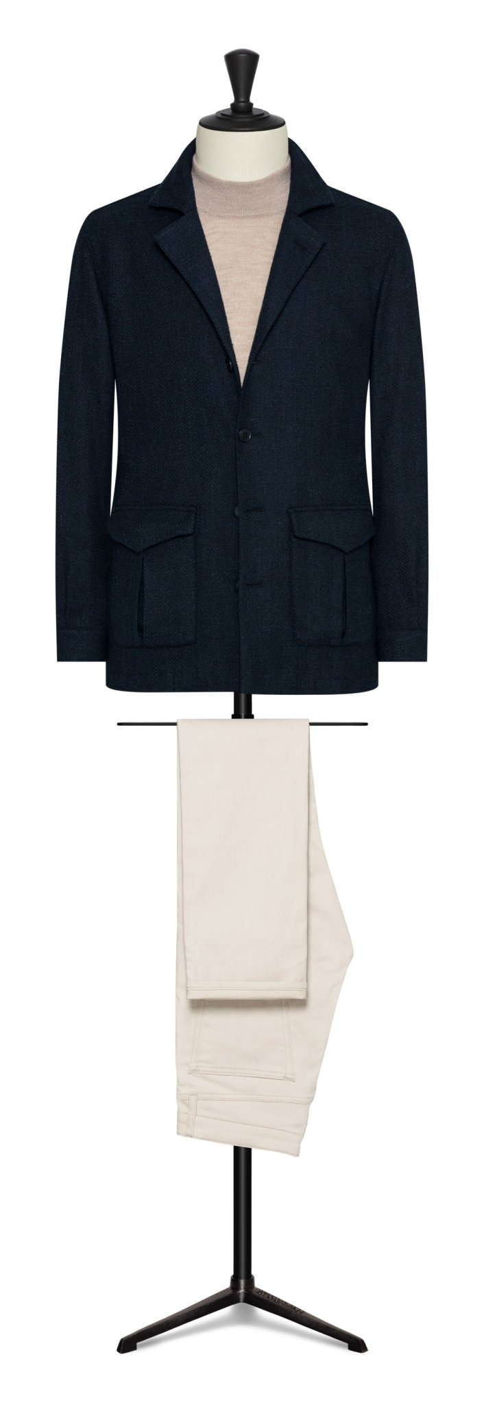 Navy stretch wool - silk - cotton blend herringbone by CARLO BARBERA - cordes - sons.com