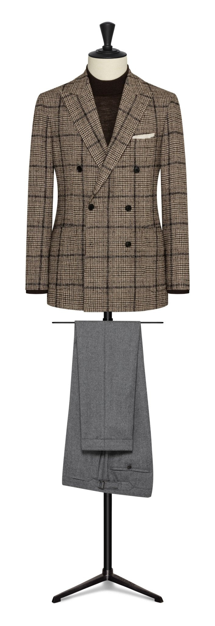 Mixed brown wool - silk - cashmere blend glencheck with blue overscheck by TG DI FABIO - cordes - sons.com