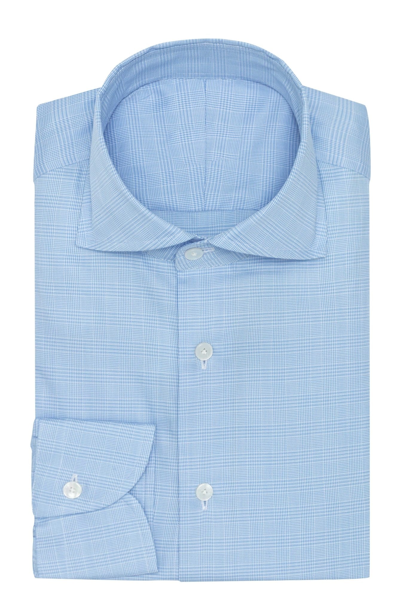 Custom Shirt - white cotton with l.blue glencheck - cordes - sons.com