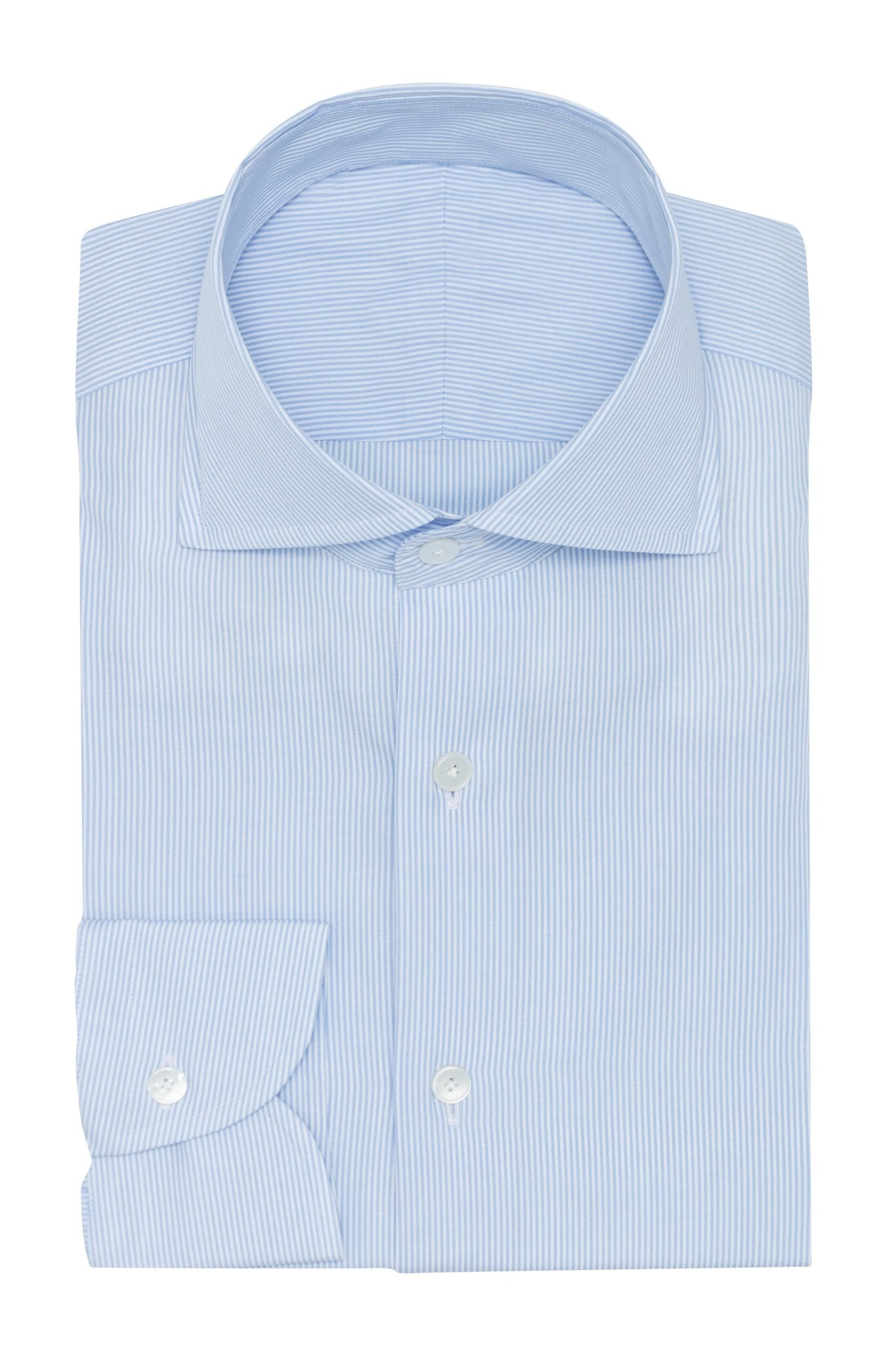 Custom Shirt - white cotton poplin with l.blue candy stripe - cordes - sons.com