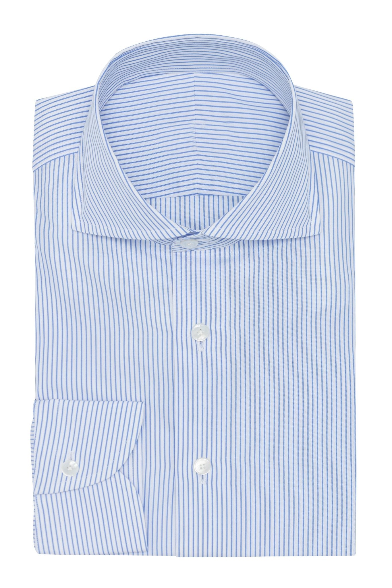 Custom Shirt - white cotton poplin with l.blue pencil stripe - cordes - sons.com