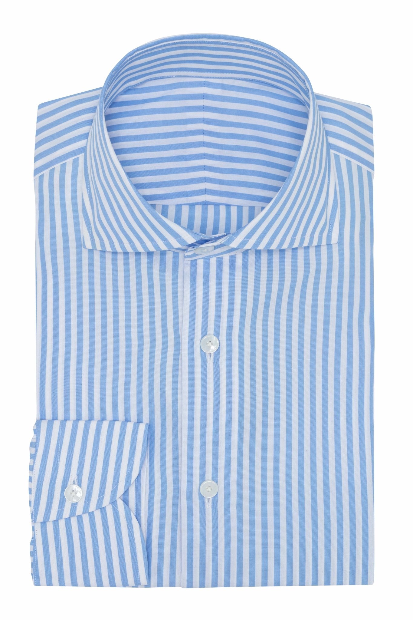 Custom Shirt - white cotton poplin with l.blue bengal stripe - cordes - sons.com