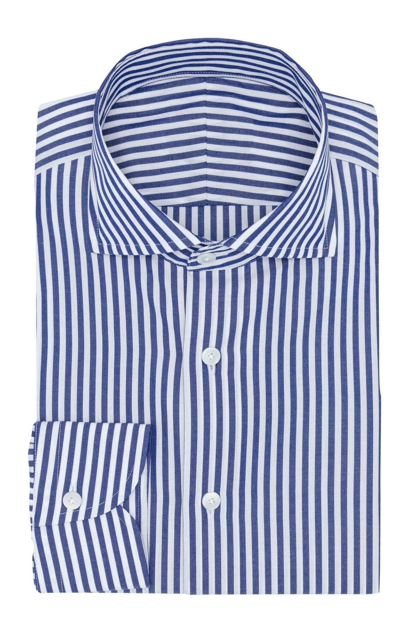 Custom Shirt - white cotton poplin with denim blue bengal stripe - cordes - sons.com