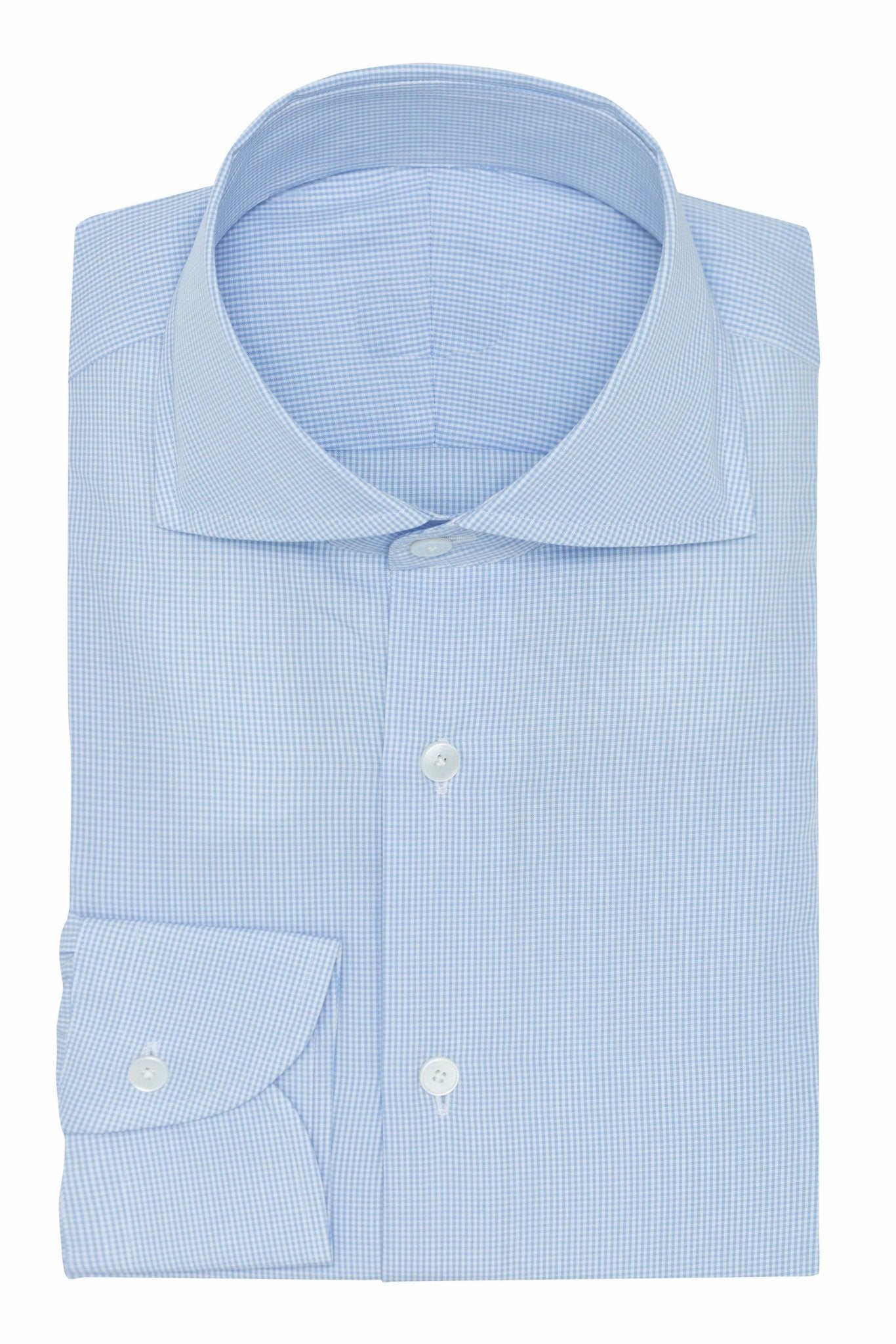 Custom Shirt - white cotton poplin with l.blue Gingham check - cordes - sons.com